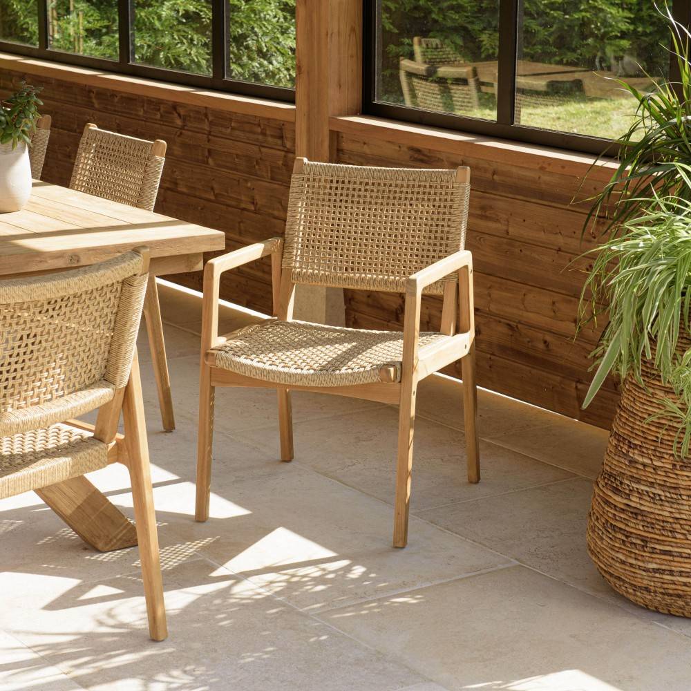 Macabane - VALERIA - Lot de 2 fauteuils jardin en bois teck naturel rotin beige - Imagen 2