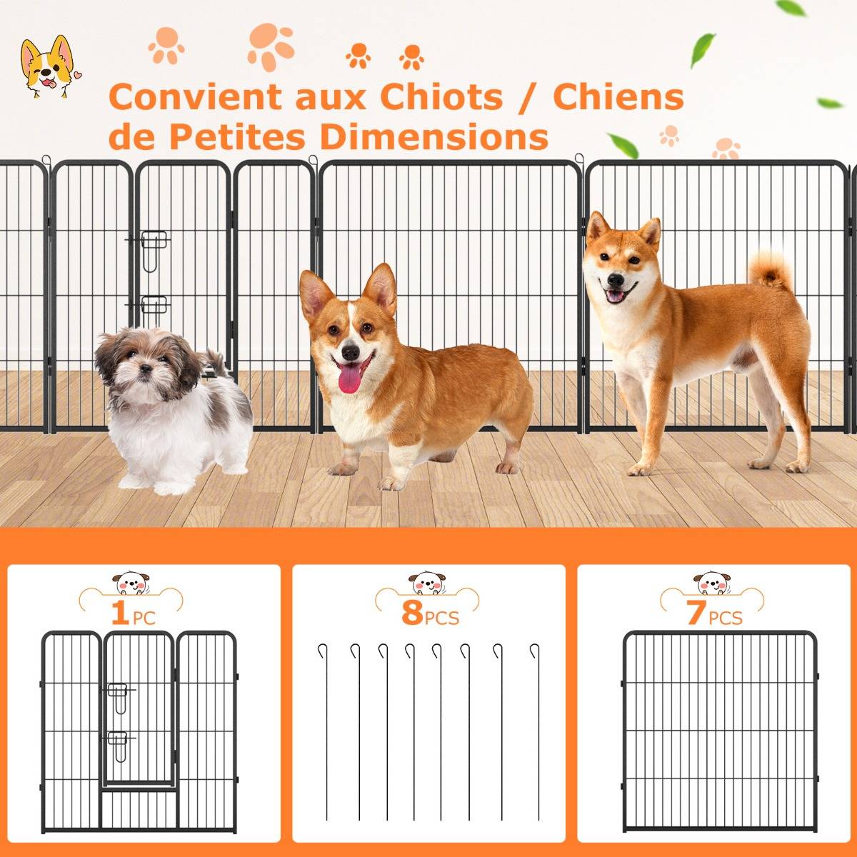 Enclos pour Chiens 8 Panneaux Hauteur de 80CM pour Petits Animaux Parc Portable Pliable avec Porte Barrière Métallique Noir - Imagen 8