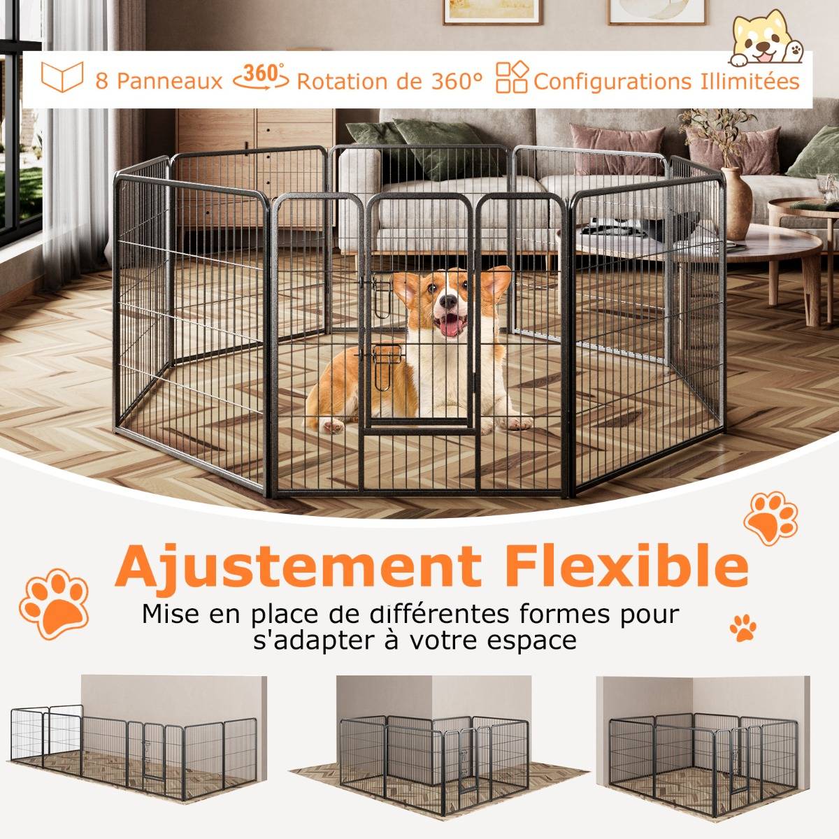 Enclos pour Chiens 8 Panneaux Hauteur de 80CM pour Petits Animaux Parc Portable Pliable avec Porte Barrière Métallique Noir - Imagen 6