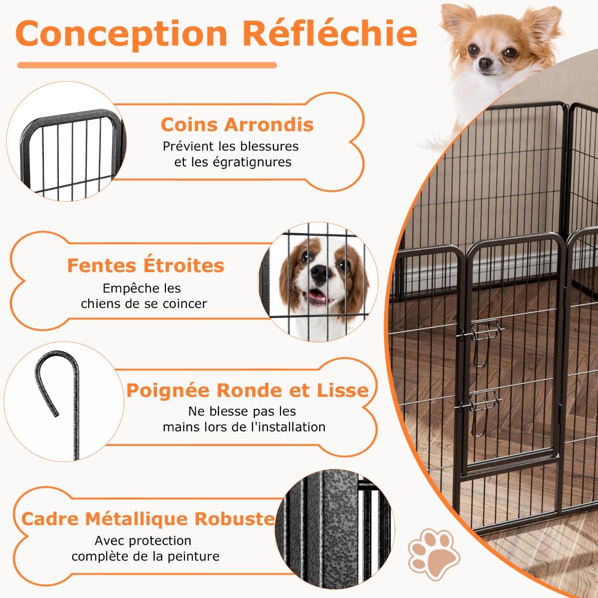 Enclos pour Chiens 8 Panneaux Hauteur de 80CM pour Petits Animaux Parc Portable Pliable avec Porte Barrière Métallique Noir - Imagen 9