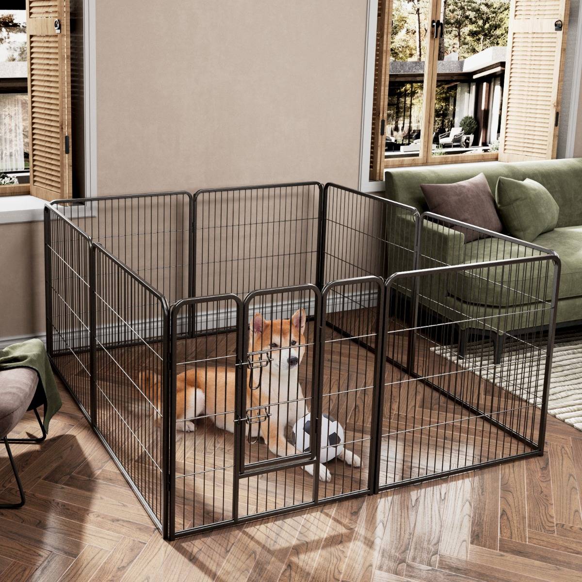 Enclos pour Chiens 8 Panneaux Hauteur de 80CM pour Petits Animaux Parc Portable Pliable avec Porte Barrière Métallique Noir - Imagen 2