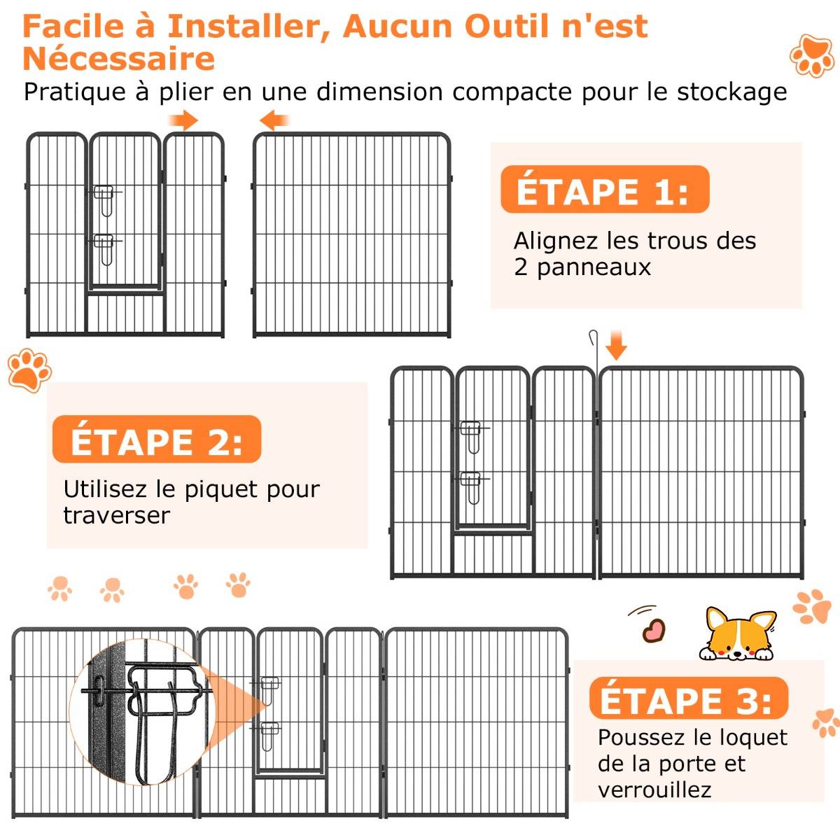Enclos pour Chiens 8 Panneaux Hauteur de 80CM pour Petits Animaux Parc Portable Pliable avec Porte Barrière Métallique Noir - Imagen 7