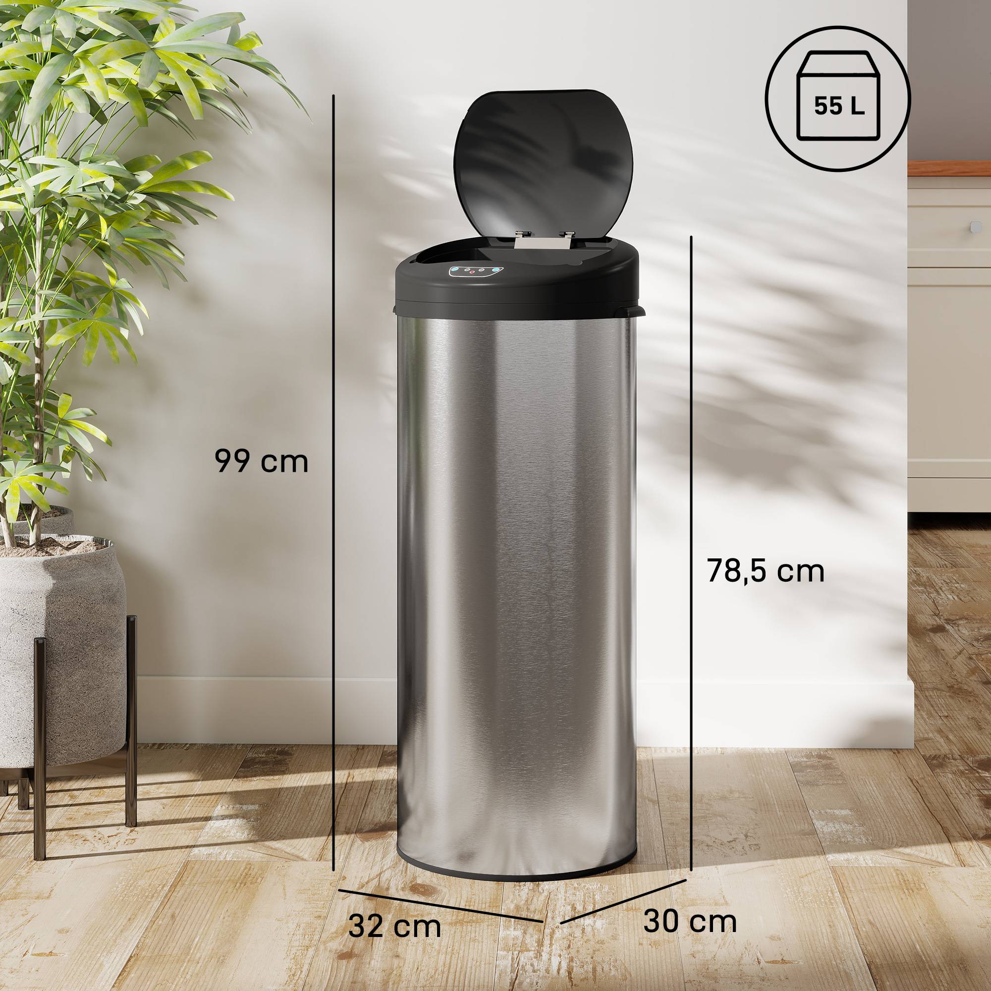 Sans Marque - Poubelle cuisine automatique acier inoxydable 55 L couvercle fermeture douce 32x30x78,5 cm argent - Image 5