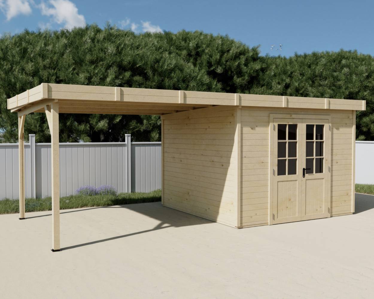 Habrita - Abri Madriers bois massif - 28 mm- surface extérieur 9,30 m2 - Toit plat - bac acier - Image 3