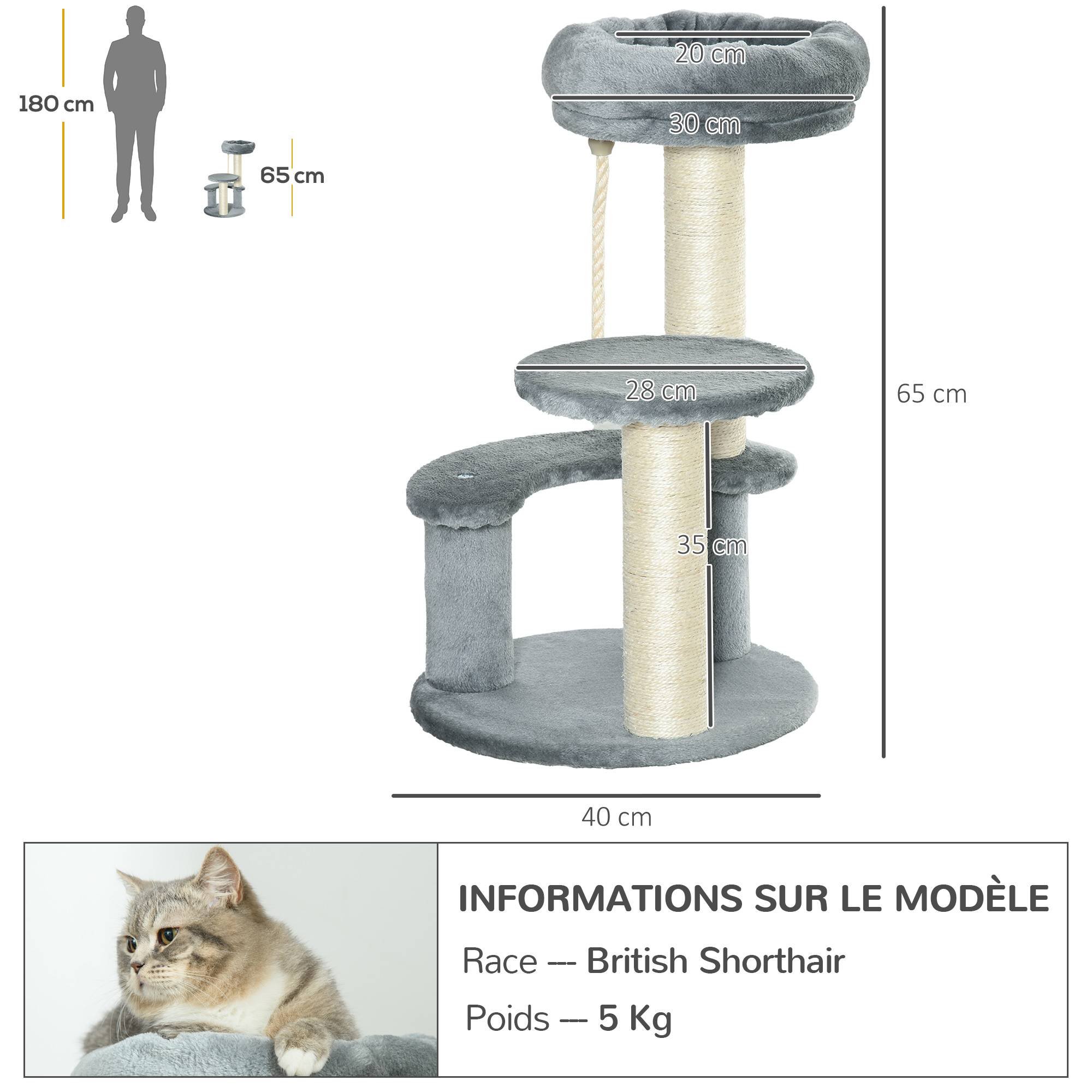 Arbre à chat PawHut compact, 2 poteaux sisal, 3 plateformes corde escalade, Ø 40 x 65 cm, gris - Image 5