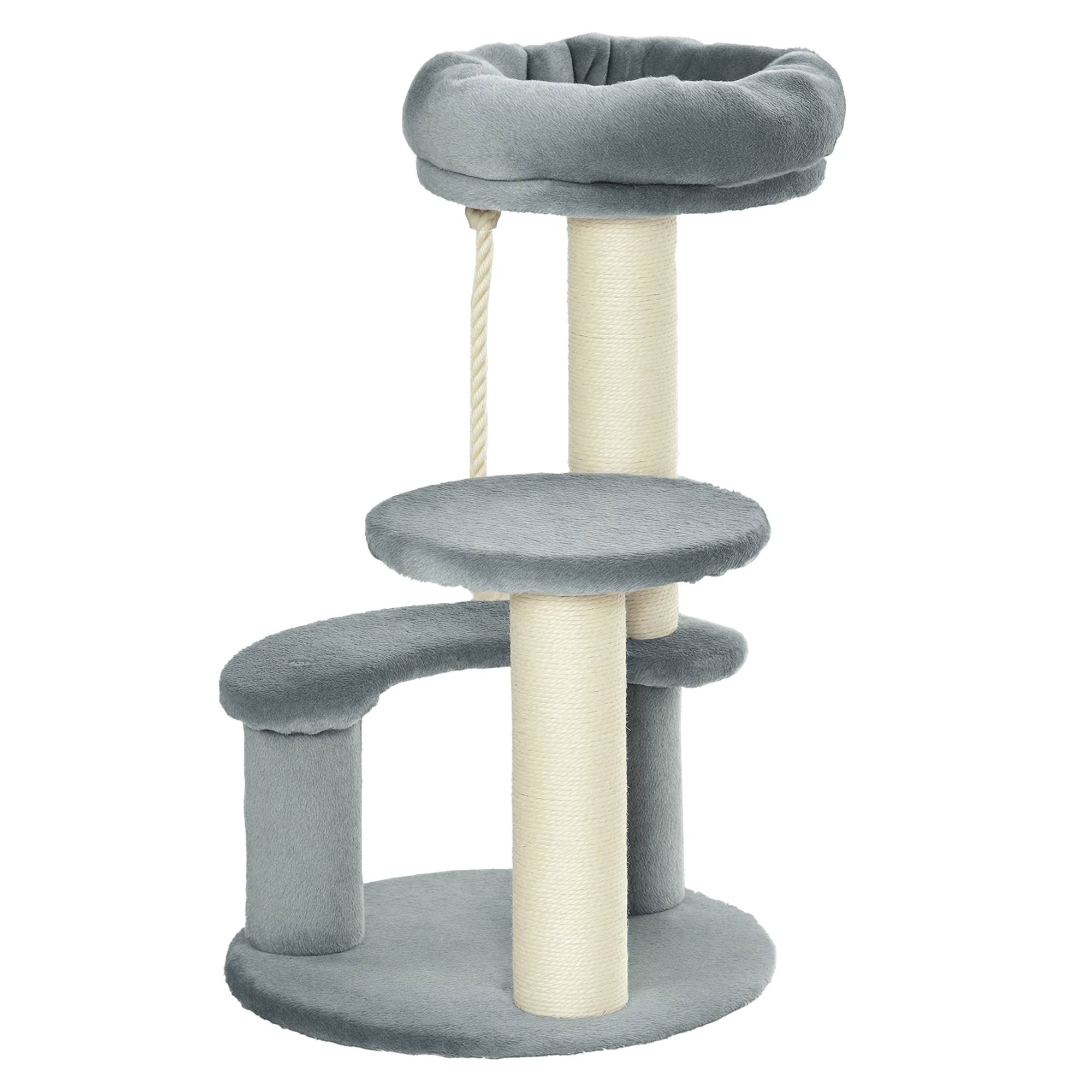 Arbre à chat PawHut compact, 2 poteaux sisal, 3 plateformes corde escalade, Ø 40 x 65 cm, gris - Image 1