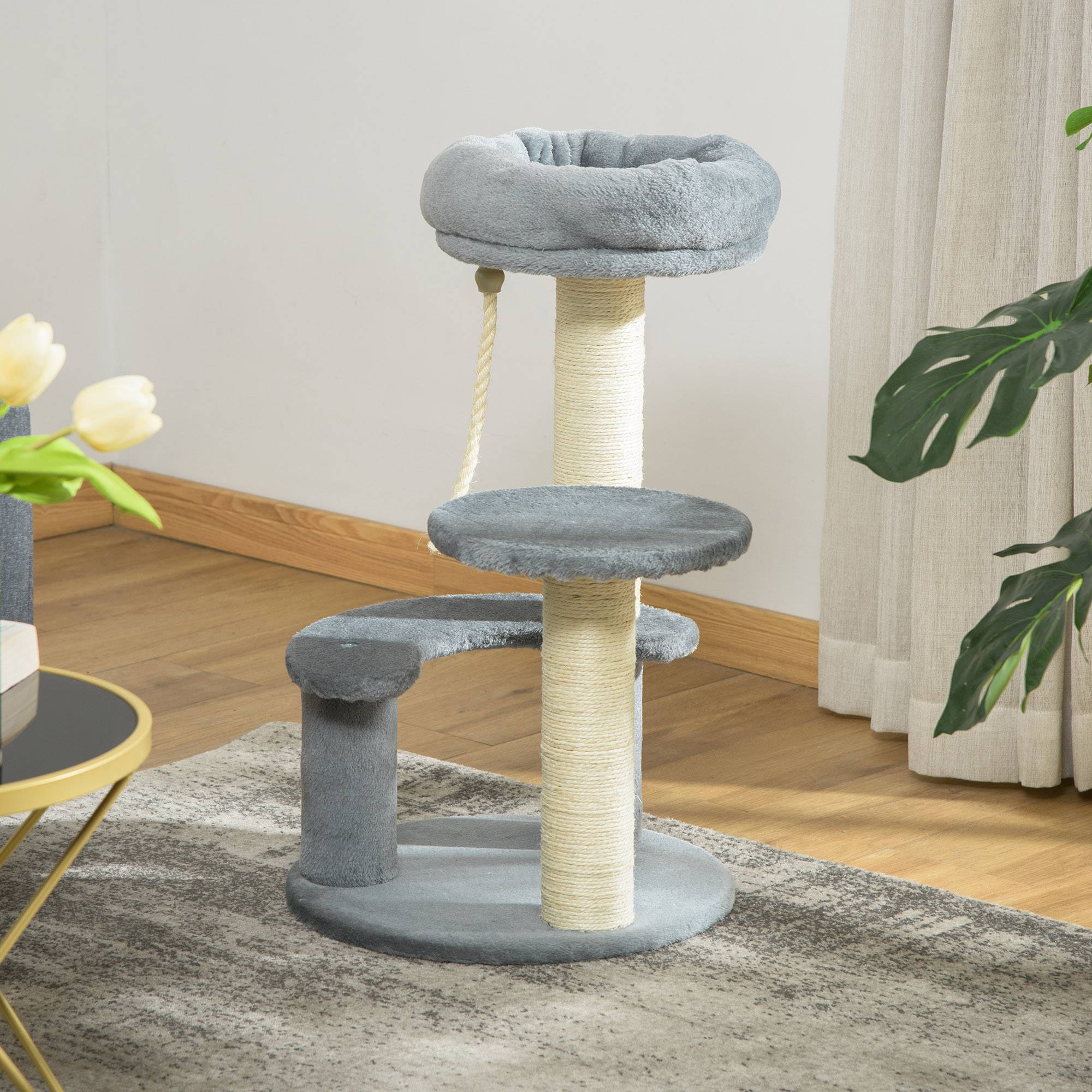 Arbre à chat PawHut compact, 2 poteaux sisal, 3 plateformes corde escalade, Ø 40 x 65 cm, gris - Image 4