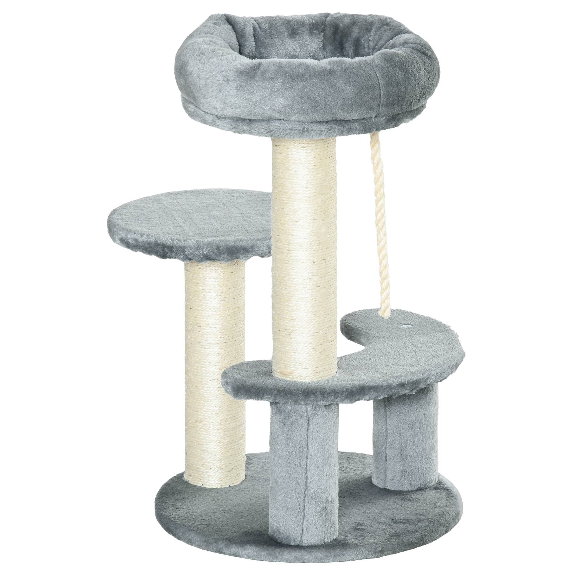 Arbre à chat PawHut compact, 2 poteaux sisal, 3 plateformes corde escalade, Ø 40 x 65 cm, gris - Image 2