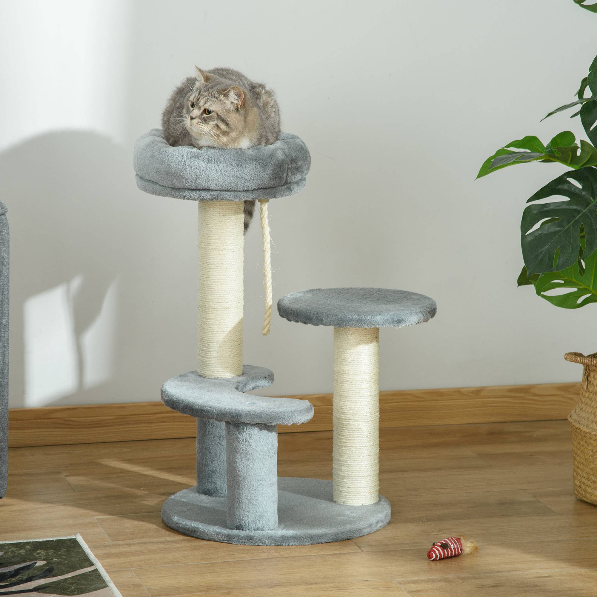 Arbre à chat PawHut compact, 2 poteaux sisal, 3 plateformes corde escalade, Ø 40 x 65 cm, gris - Image 3