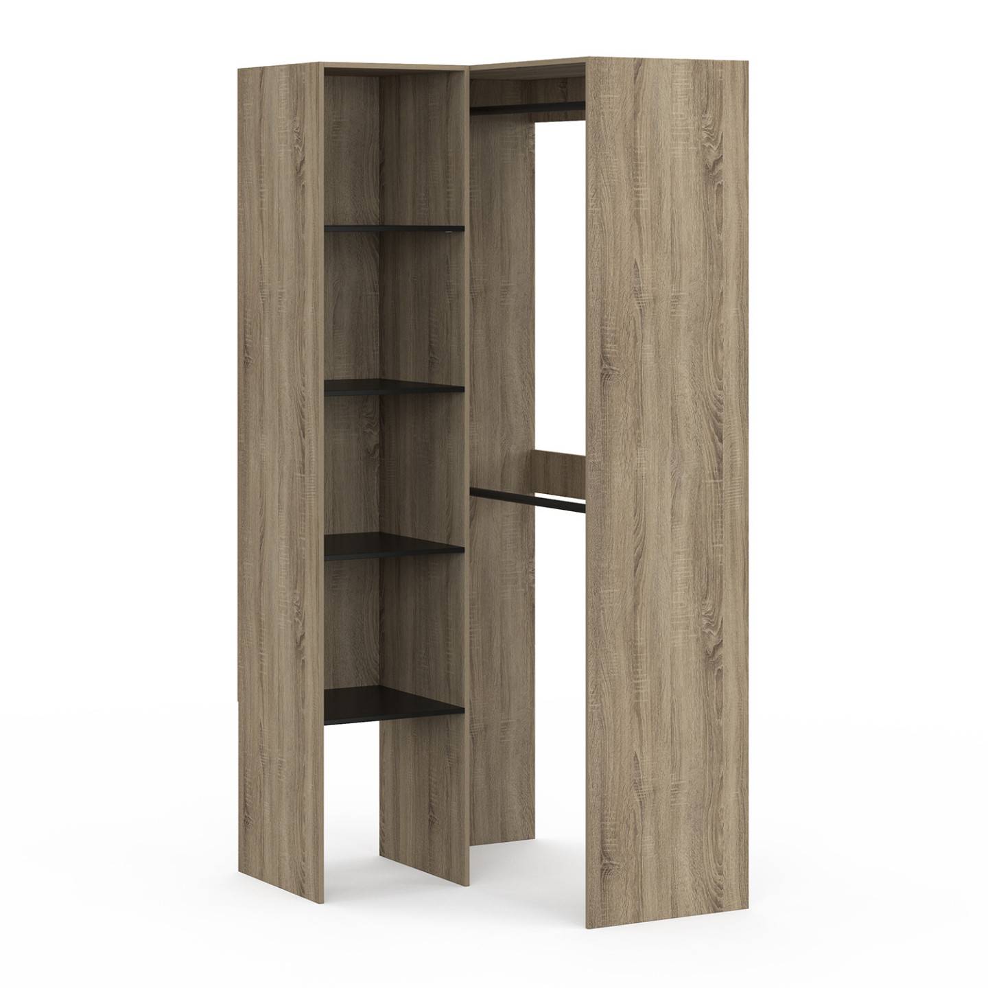 Dressing d'angle modulable L. 90 / 127 cm MELMAN double penderie + étagères bois et noir - Image 4