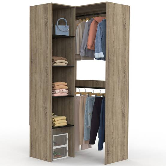 Dressing d'angle modulable L. 90 / 127 cm MELMAN double penderie + étagères bois et noir - Image 2