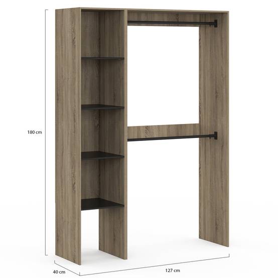 Dressing d'angle modulable L. 90 / 127 cm MELMAN double penderie + étagères bois et noir - Image 5