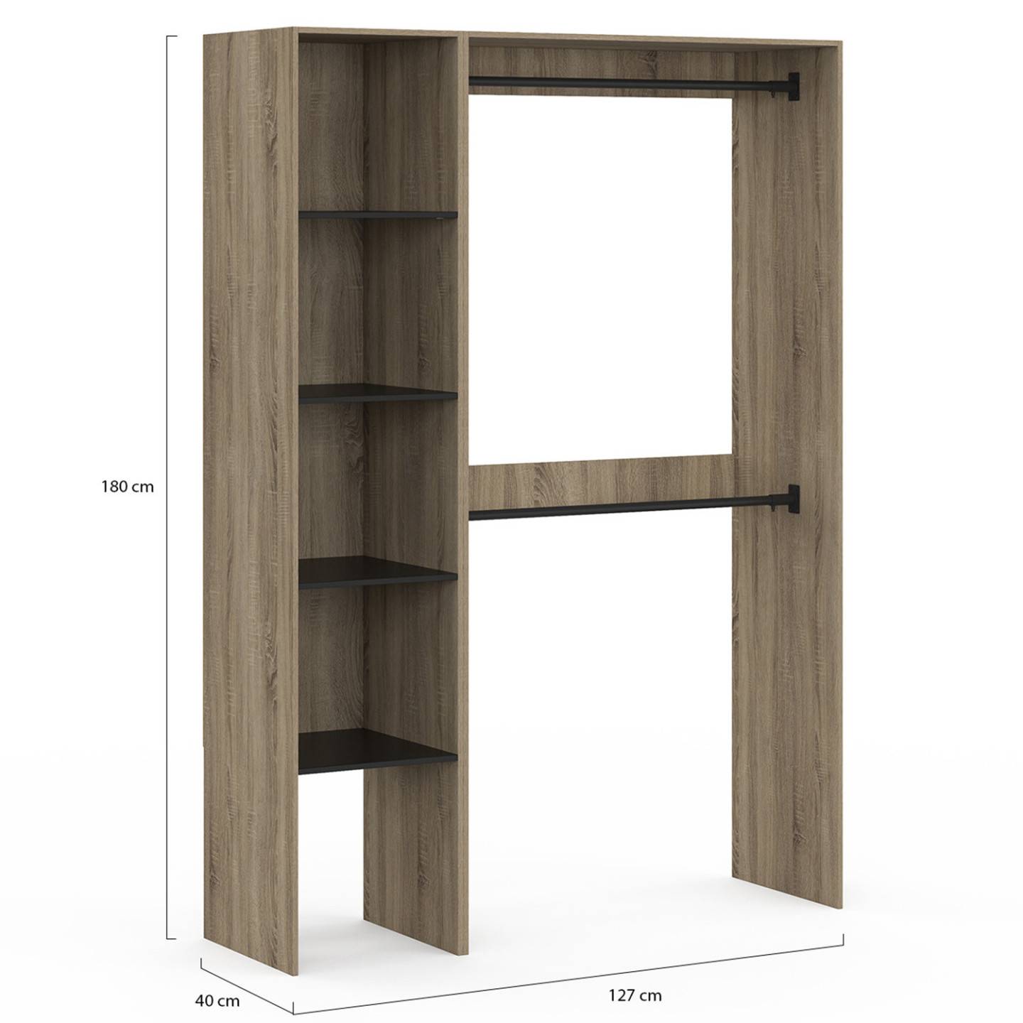 Dressing d'angle modulable L. 90 / 127 cm MELMAN double penderie + étagères bois et noir - Image 5