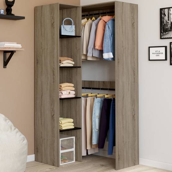 Dressing d'angle modulable L. 90 / 127 cm MELMAN double penderie + étagères bois et noir - Image 1