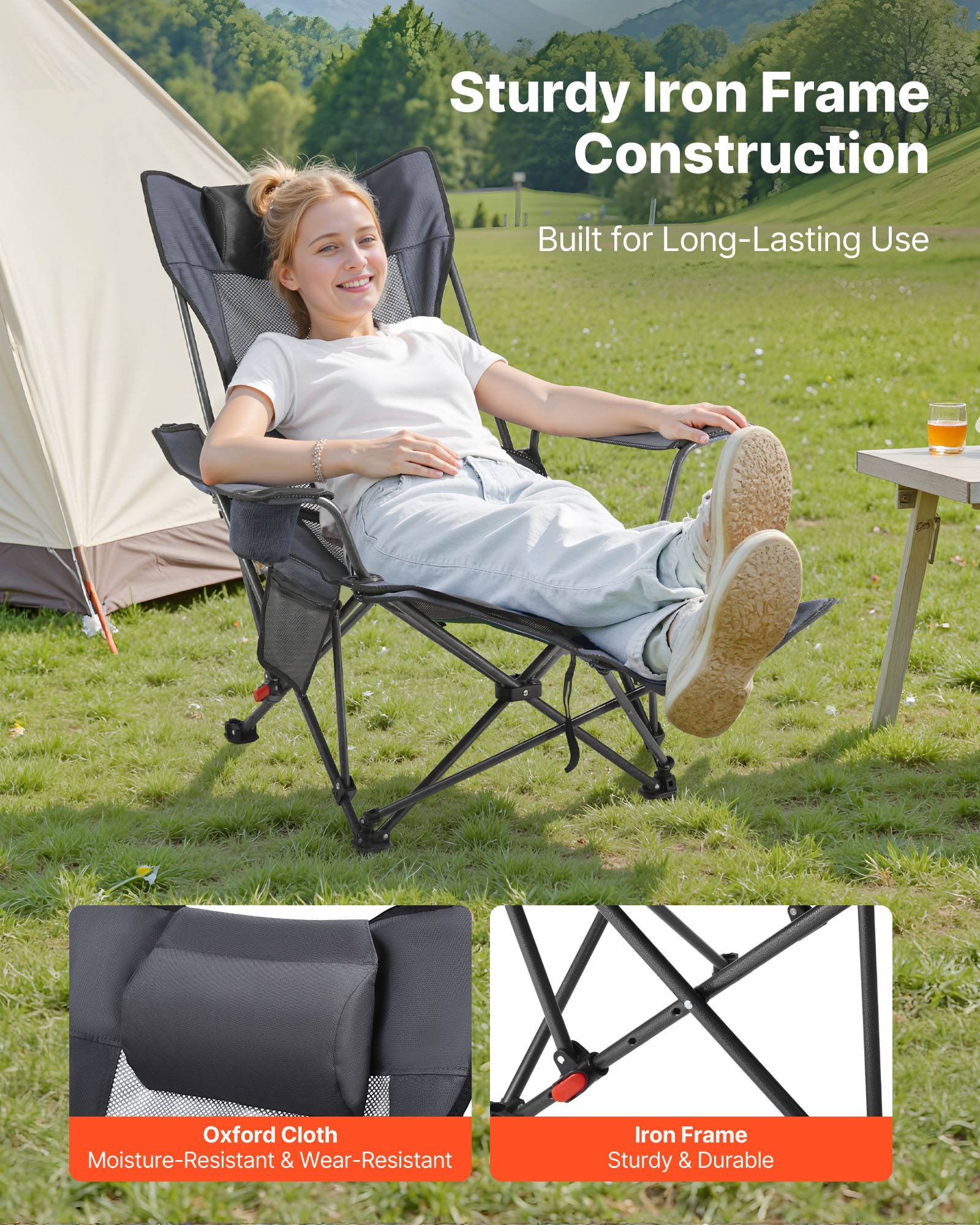 Vevor - VEVOR Chaise Camping Pliante Chaise Longue Inclinable Portable Tissu Maille Gris - Image 3