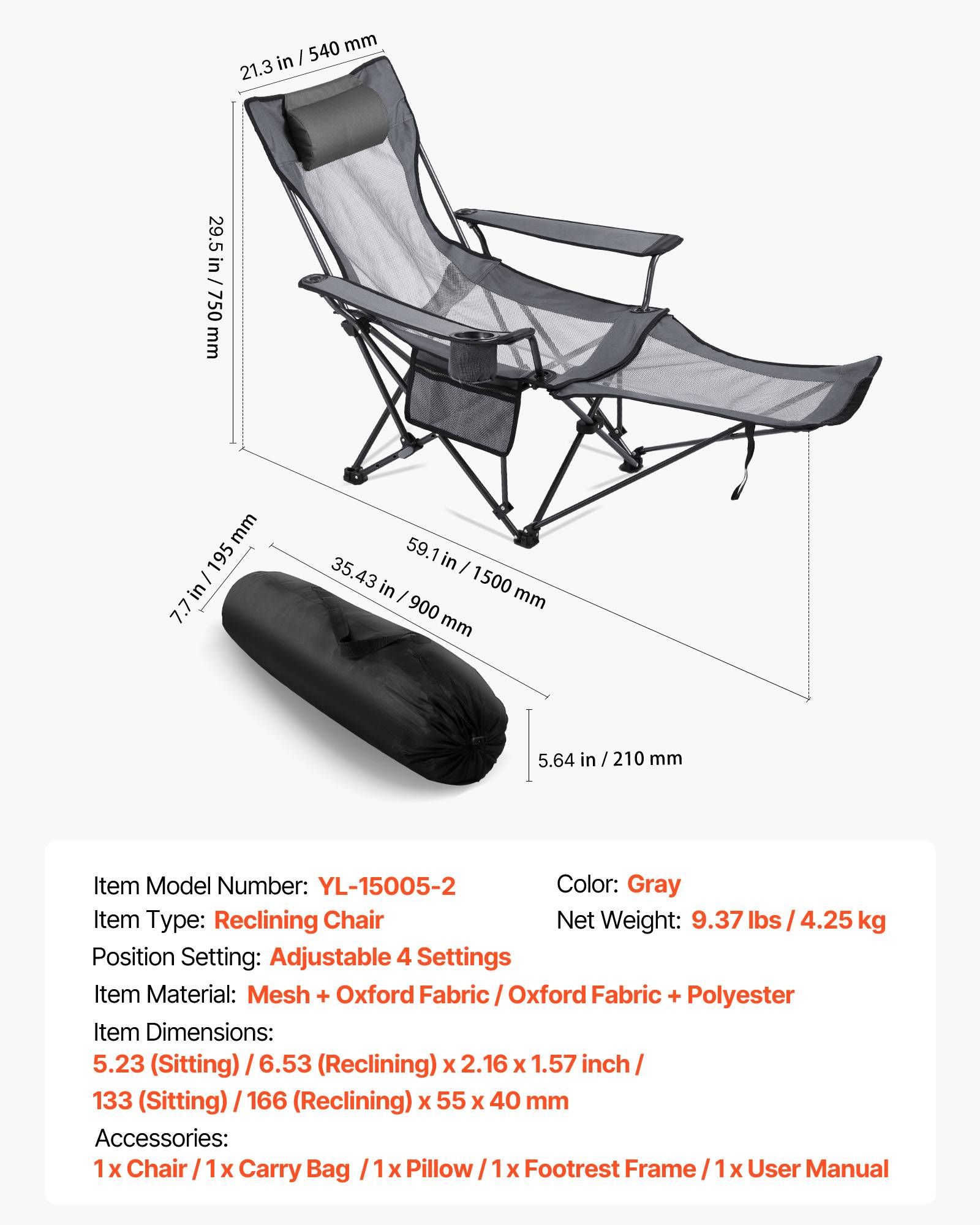 Vevor - VEVOR Chaise Camping Pliante Chaise Longue Inclinable Portable Tissu Maille Gris - Image 7