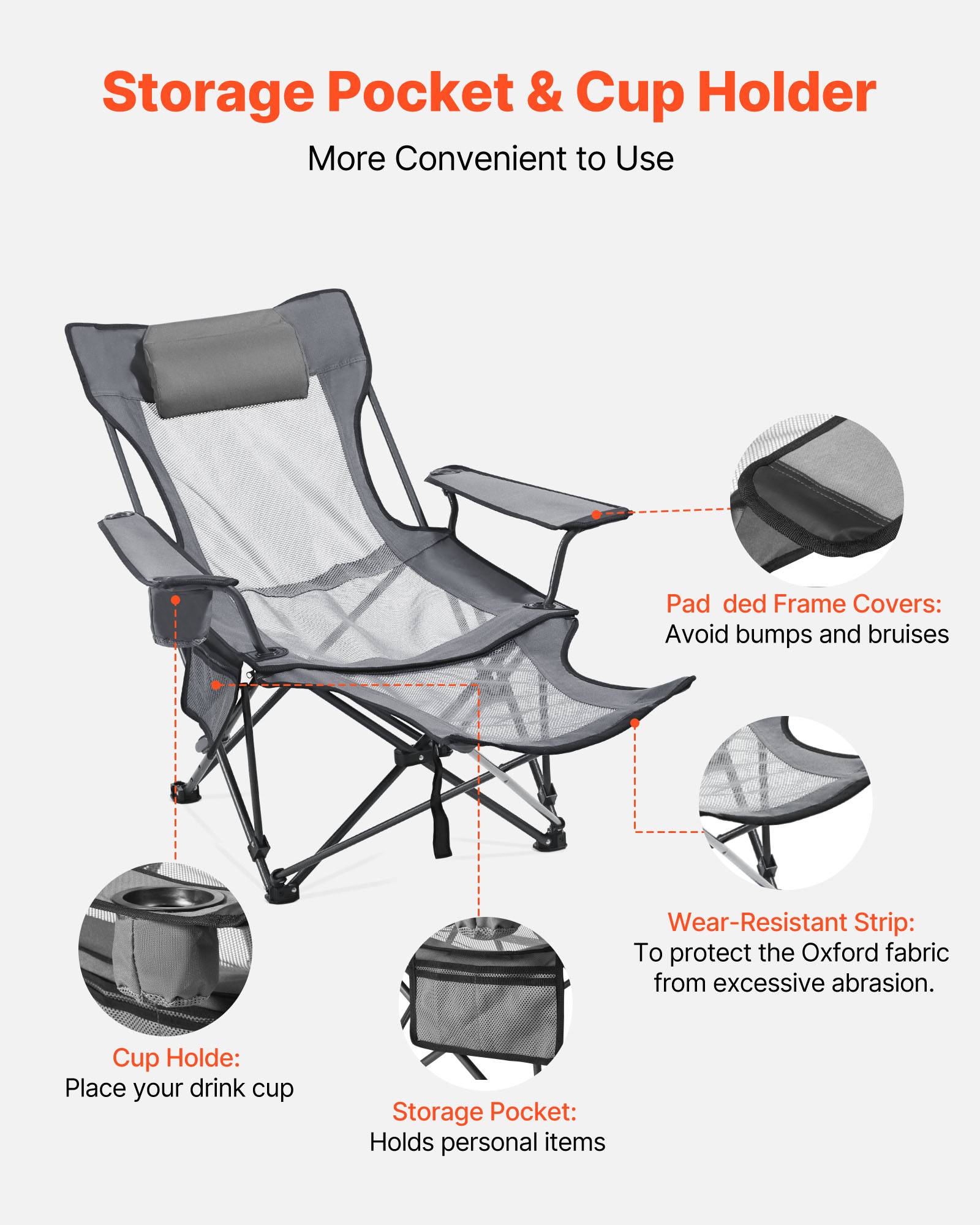 Vevor - VEVOR Chaise Camping Pliante Chaise Longue Inclinable Portable Tissu Maille Gris - Image 6