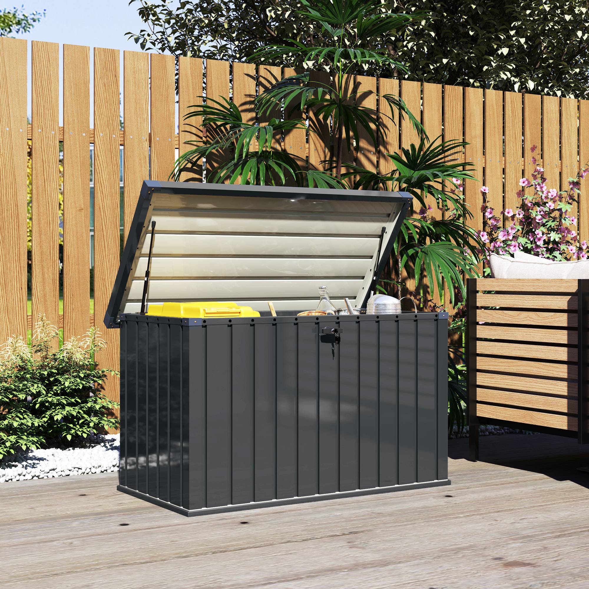 ComfortXL - Coffre de jardin 400L en acier galvanisé avec vérins à gaz et serrure 124x66x72cm Gris - ComfortXL Outdoor Living - Image 3