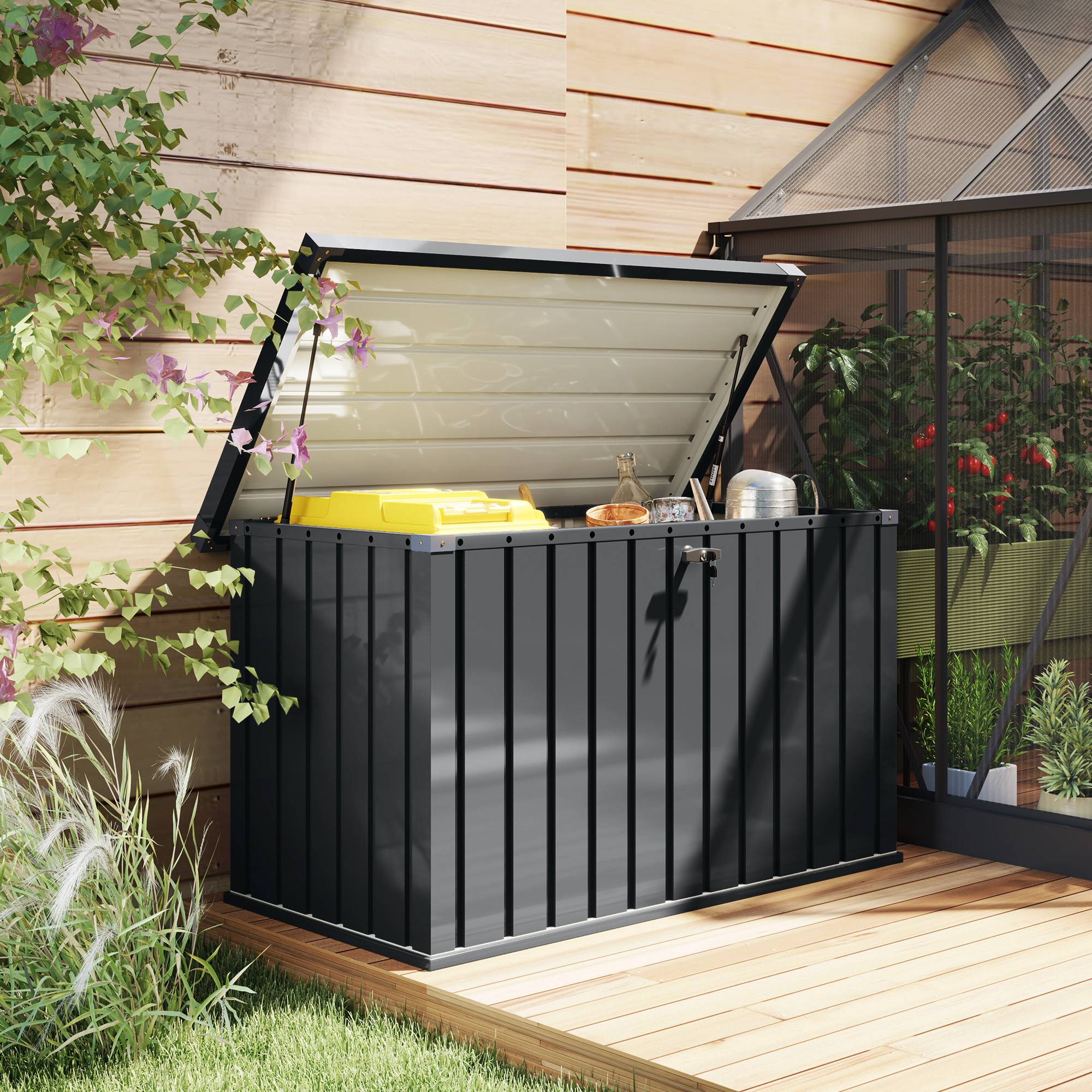 ComfortXL - Coffre de jardin 400L en acier galvanisé avec vérins à gaz et serrure 124x66x72cm Gris - ComfortXL Outdoor Living - Image 10
