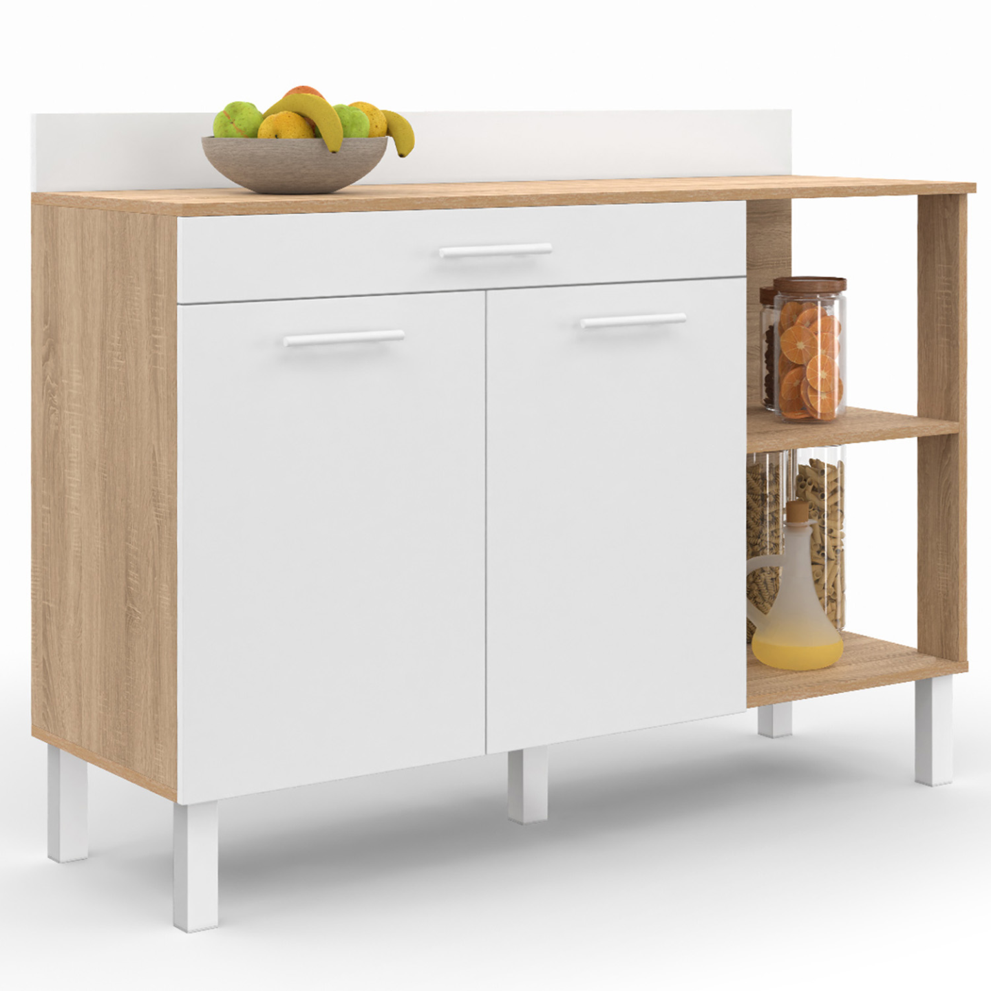 Buffet bas de cuisine 120 cm CINA plan de travail H.83 cm 2 portes + tiroir façon hêtre et blanc - Image 2
