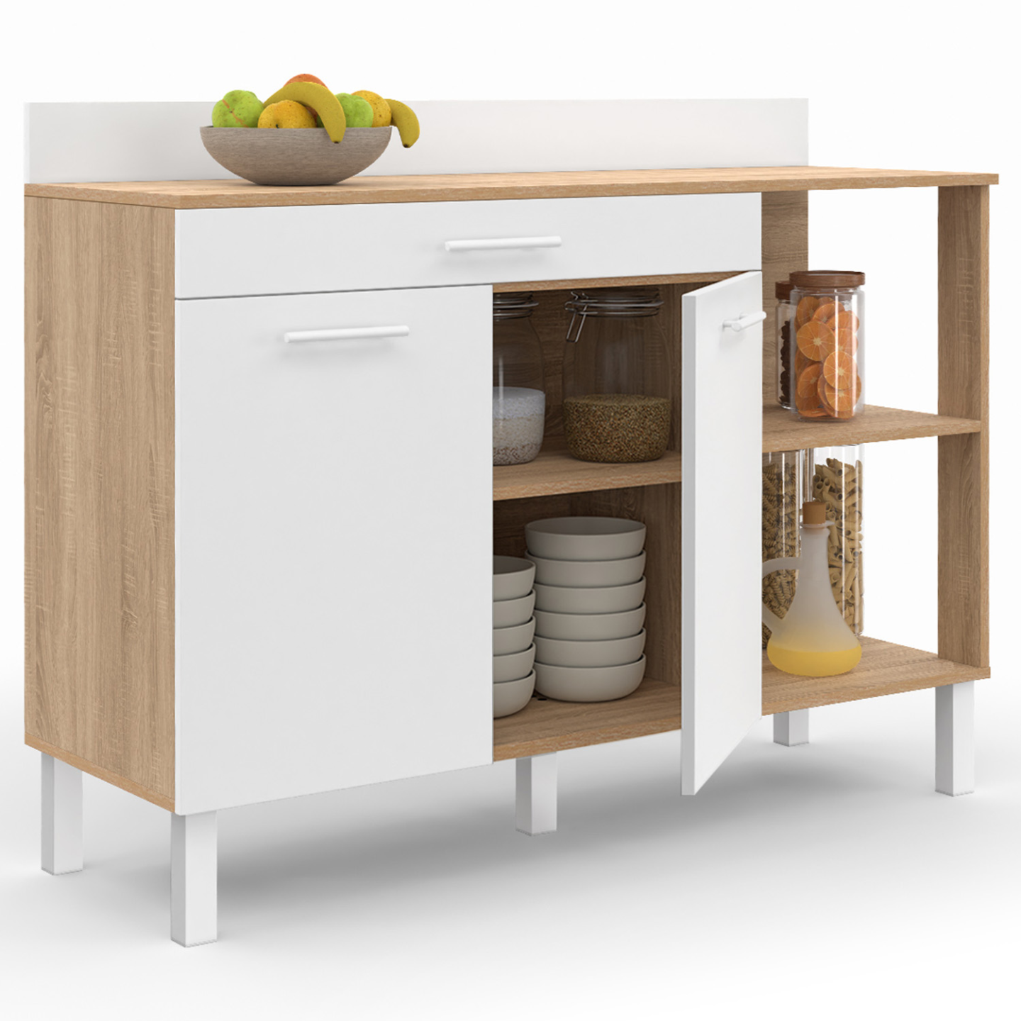 Buffet bas de cuisine 120 cm CINA plan de travail H.83 cm 2 portes + tiroir façon hêtre et blanc - Image 4