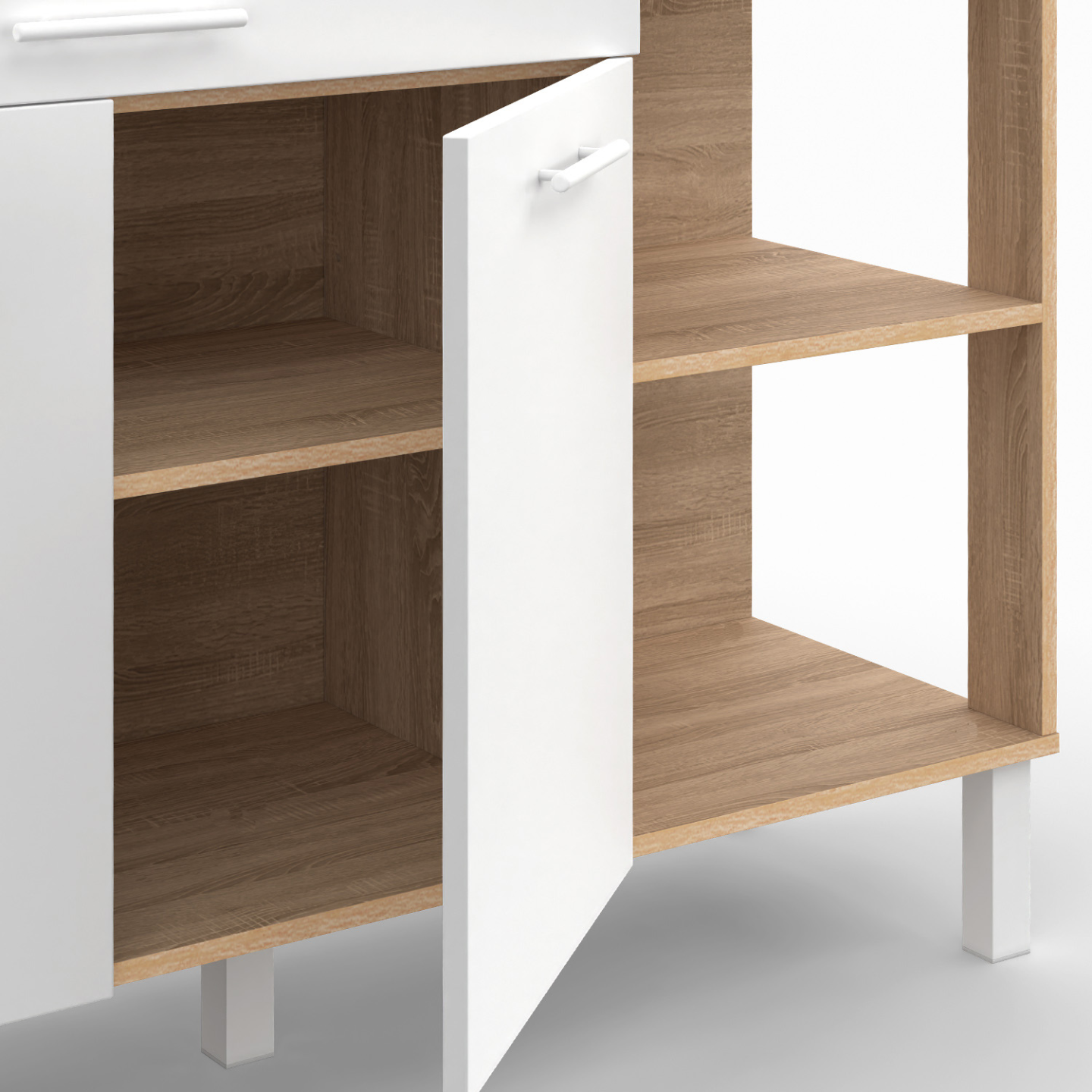 Buffet bas de cuisine 120 cm CINA plan de travail H.83 cm 2 portes + tiroir façon hêtre et blanc - Image 6