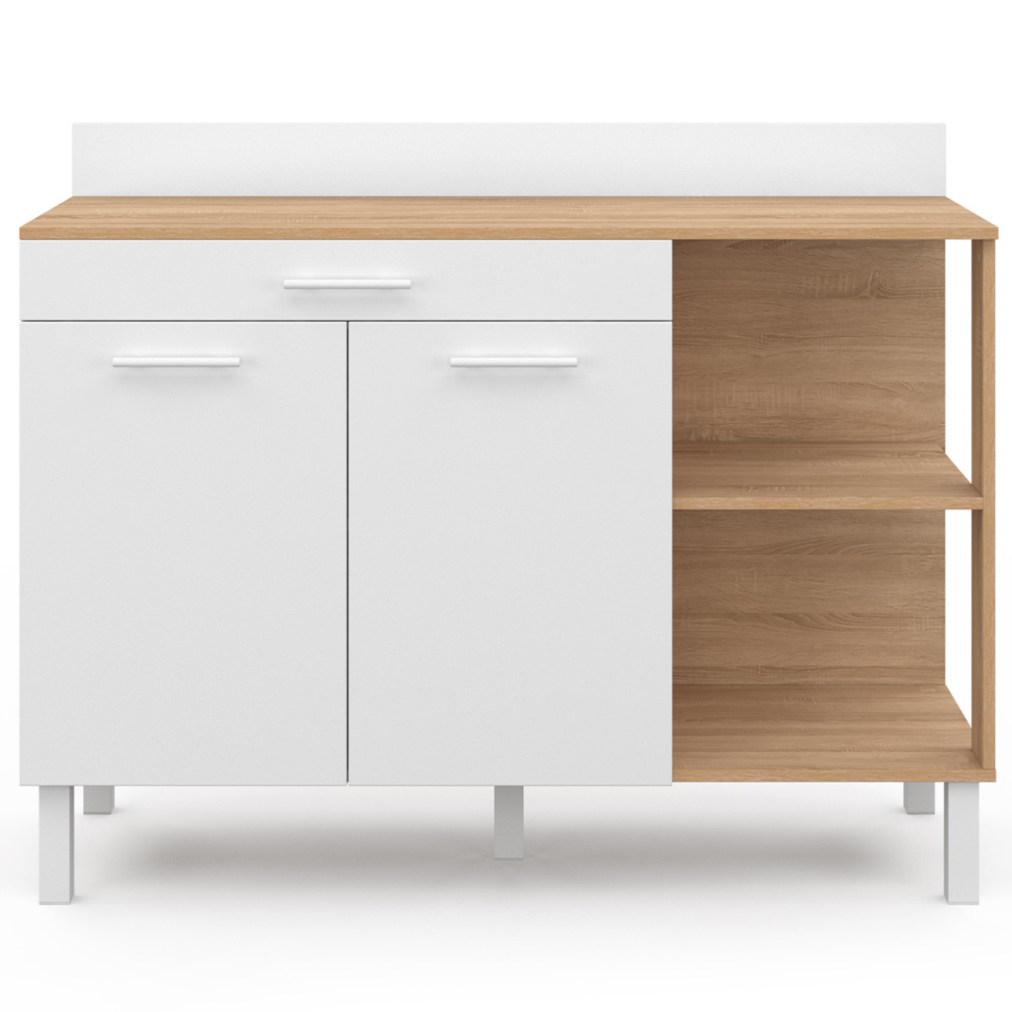 Buffet bas de cuisine 120 cm CINA plan de travail H.83 cm 2 portes + tiroir façon hêtre et blanc - Image 3
