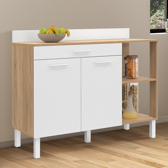 Buffet bas de cuisine 120 cm CINA plan de travail H.83 cm 2 portes + tiroir façon hêtre et blanc - Image 1
