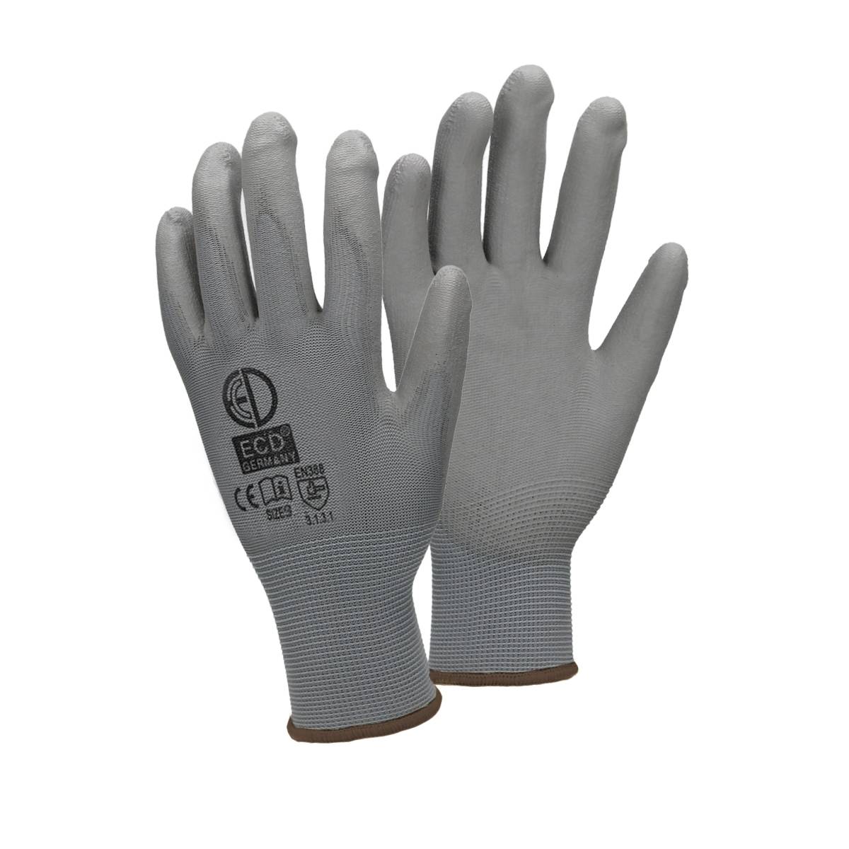 Ecd-Germany - ECD Germany 4 paires de gants de travail avec revêtement PU, taille 9-L, gris, respirant, antidérapant - Imagen 1