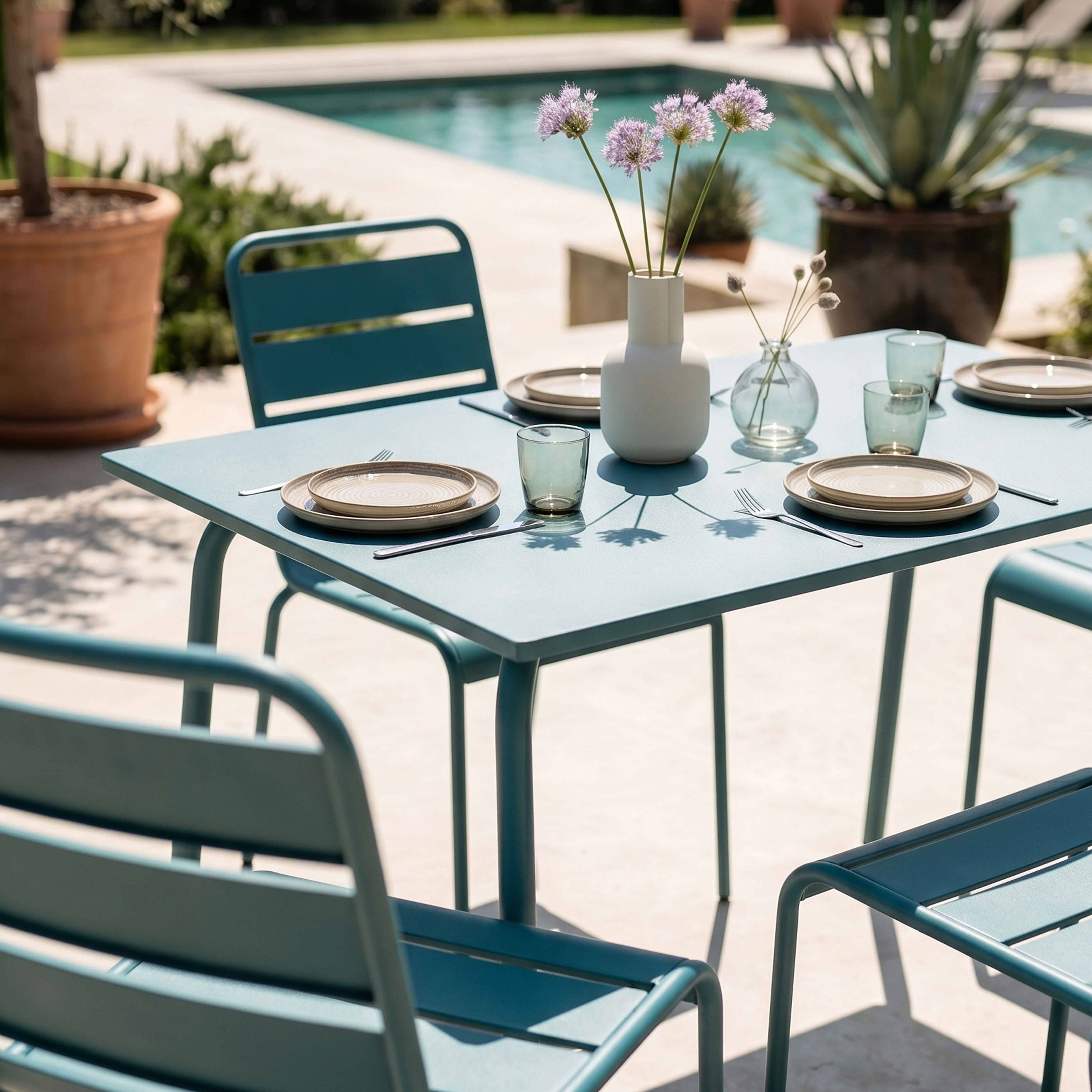 Oviala - Ensemble table de jardin en métal et 4 chaises bleu pacific Palavas - Oviala - Imagen 2