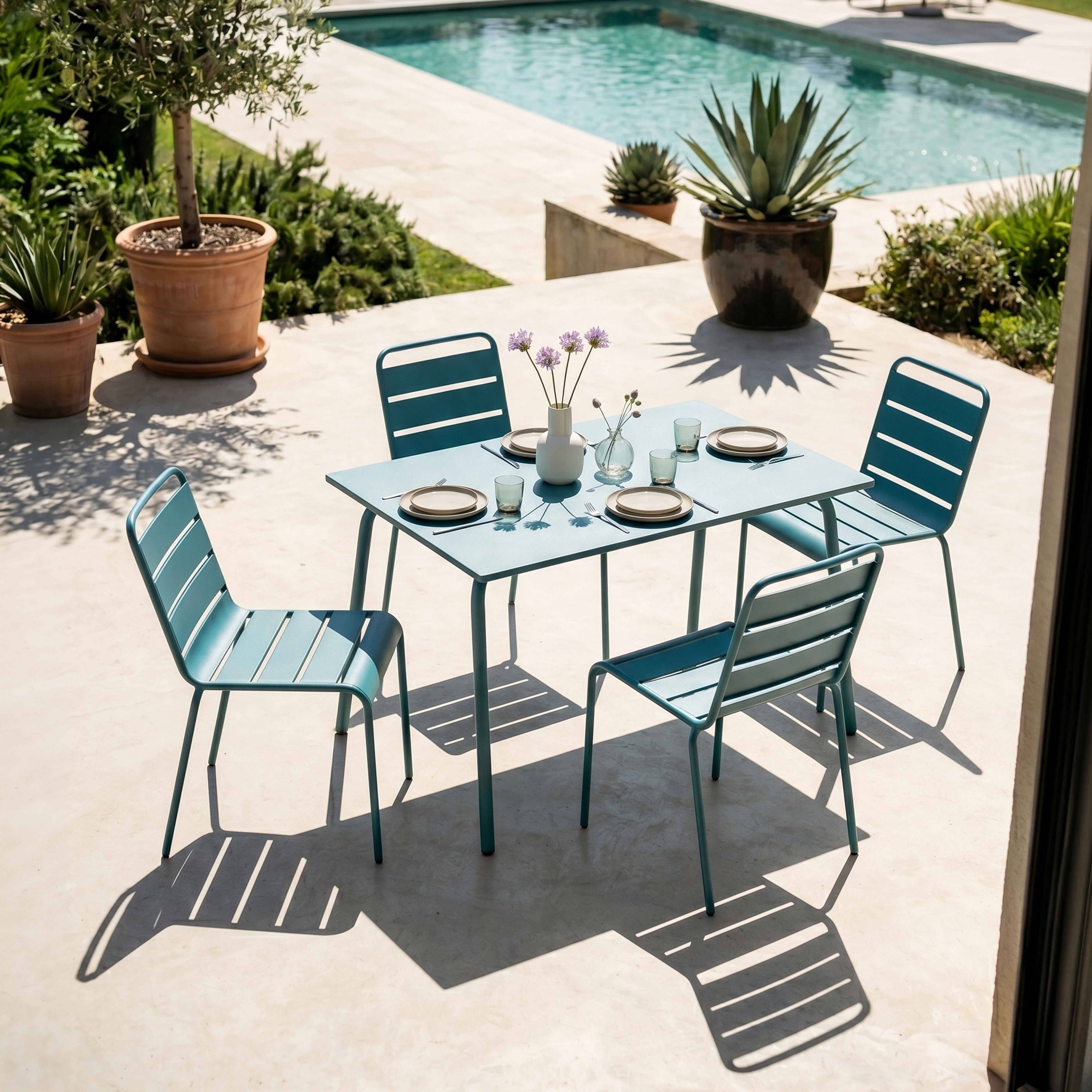 Oviala - Ensemble table de jardin en métal et 4 chaises bleu pacific Palavas - Oviala - Imagen 3