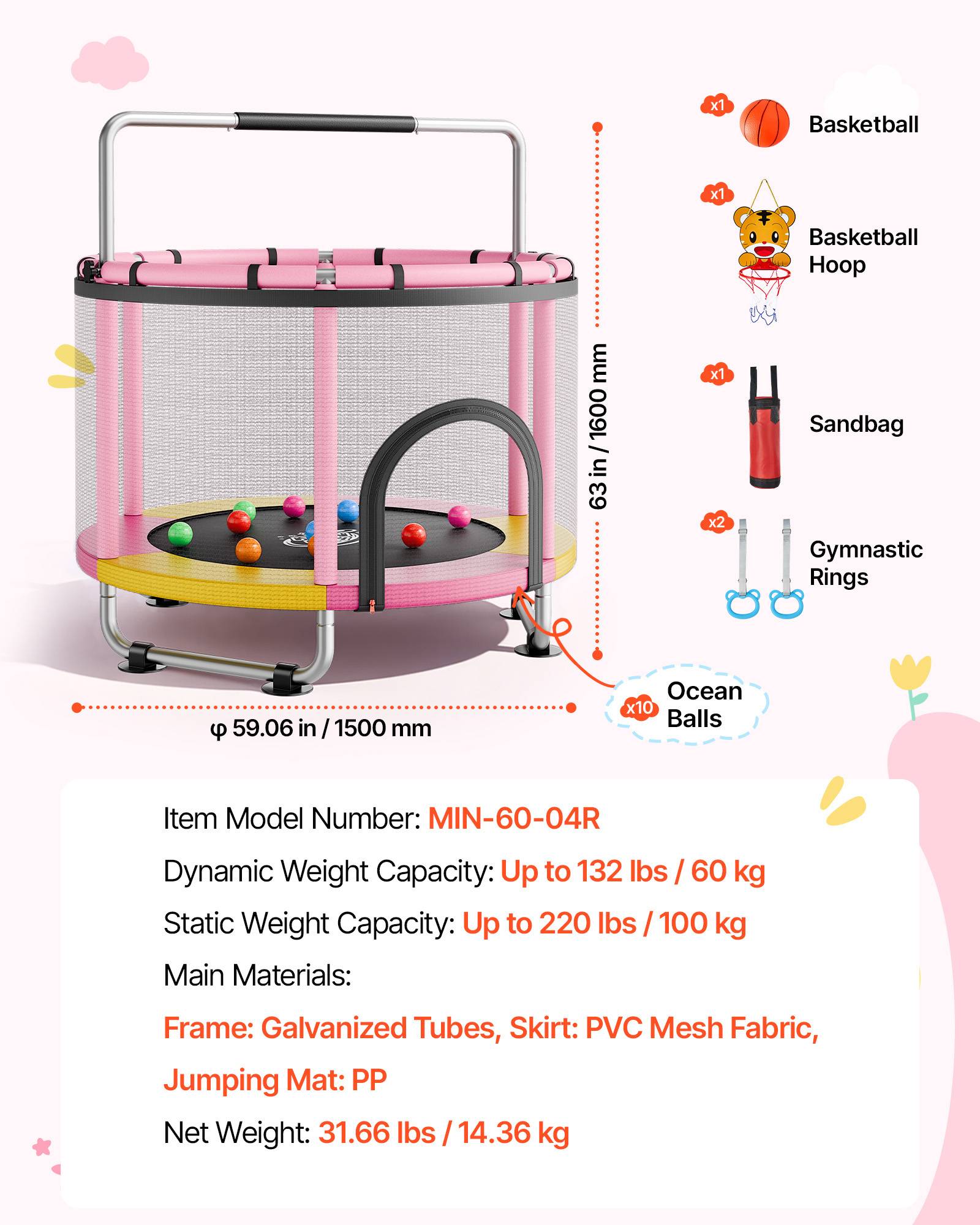 Vevor - Trampoline enfant 150 cm VEVOR, cadre galvanisé, filet de sécurité, capacité 60 kg, accessoires inclus. - Image 6