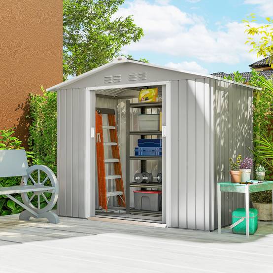 Abri de jardin 213 x 130 x 185 cm avec portes coulissantes et puits de lumière pour le rangement des outils, gris argenté - Image 3