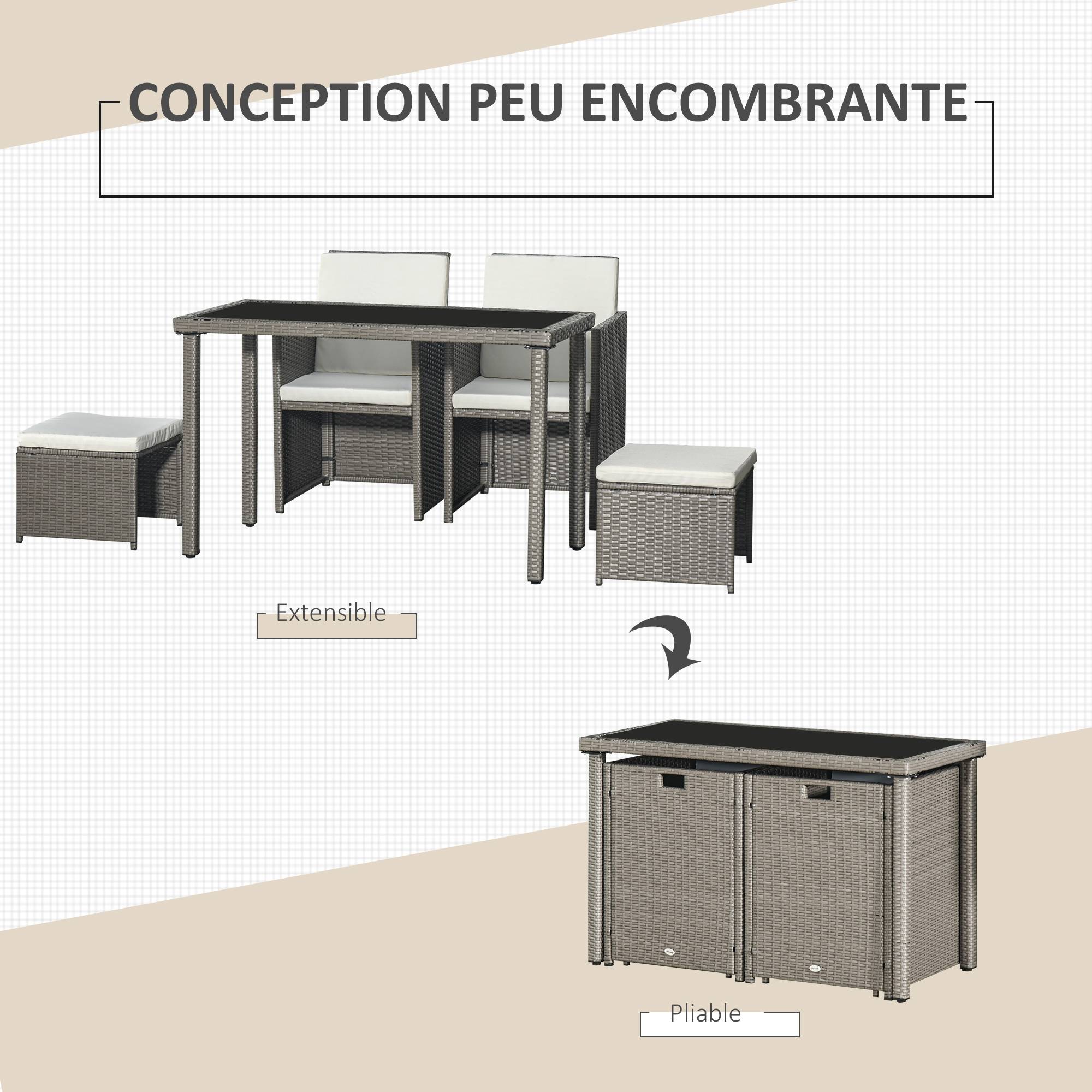 Outsunny - Ensemble salon de jardin encastrable 2 fauteuils monoblocs + 2 tabourets + table basse résine tressée coussins déhoussables crème gris - Outsunny - Imagen 5