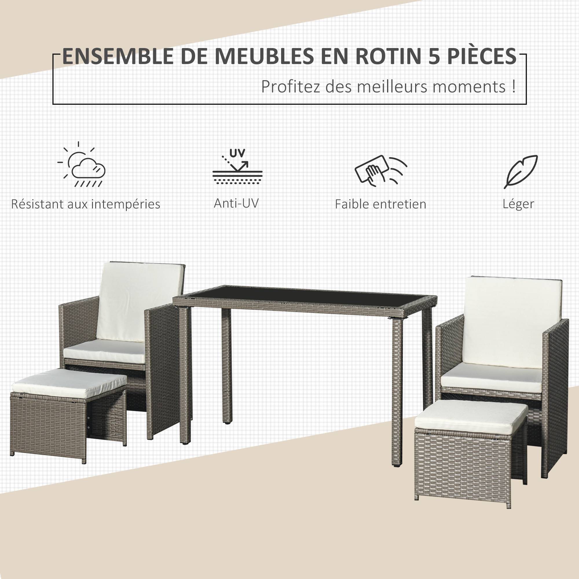 Outsunny - Ensemble salon de jardin encastrable 2 fauteuils monoblocs + 2 tabourets + table basse résine tressée coussins déhoussables crème gris - Outsunny - Imagen 4