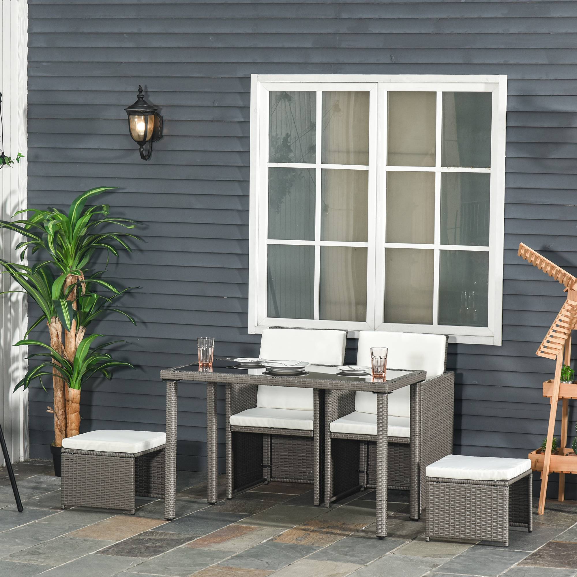 Outsunny - Ensemble salon de jardin encastrable 2 fauteuils monoblocs + 2 tabourets + table basse résine tressée coussins déhoussables crème gris - Outsunny - Imagen 2