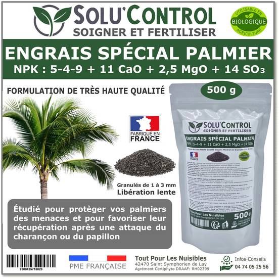 SOLU’CONTROL - Engrais Spécial Palmier 500 g - Formulation haute qualité Organo-Minerale - Idéal après attaque charançon rouge, papillon du palmier - Image 1