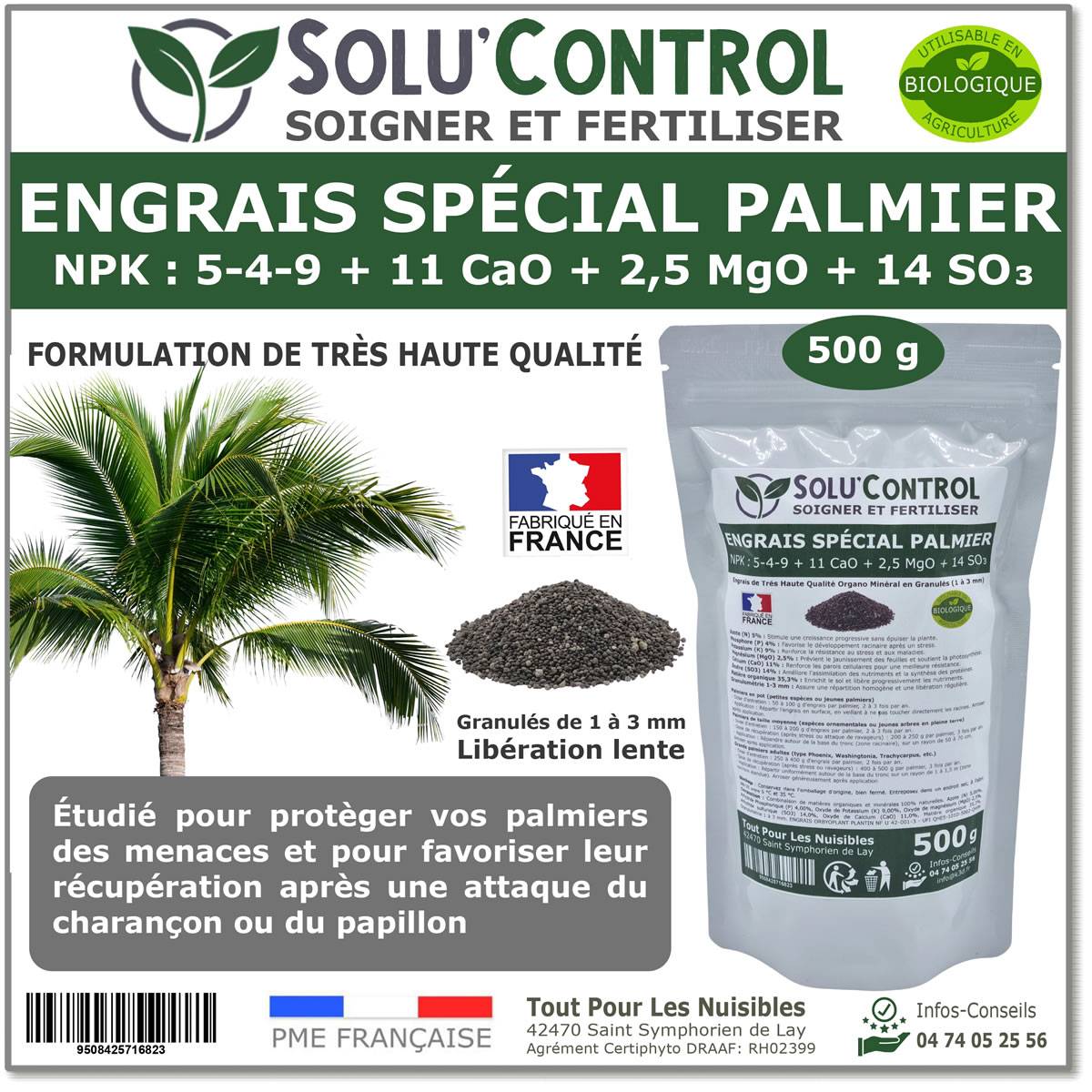 SOLU’CONTROL - Engrais Spécial Palmier 500 g - Formulation haute qualité Organo-Minerale - Idéal après attaque charançon rouge, papillon du palmier - Image 1