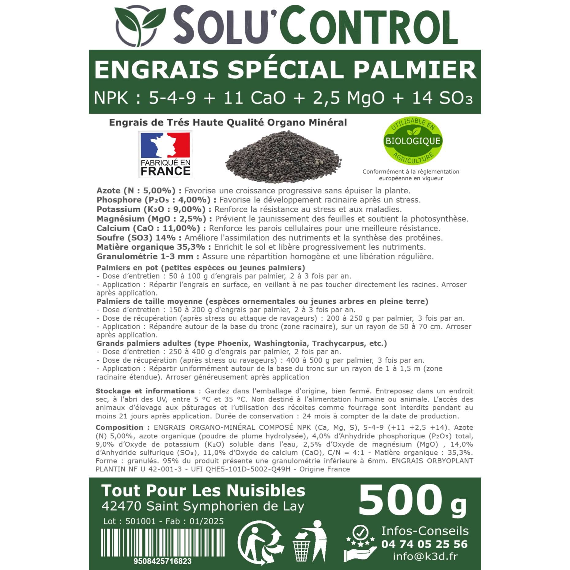 SOLU’CONTROL - Engrais Spécial Palmier 500 g - Formulation haute qualité Organo-Minerale - Idéal après attaque charançon rouge, papillon du palmier - Image 3