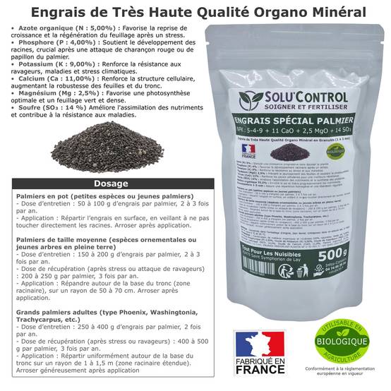SOLU’CONTROL - Engrais Spécial Palmier 500 g - Formulation haute qualité Organo-Minerale - Idéal après attaque charançon rouge, papillon du palmier - Image 2