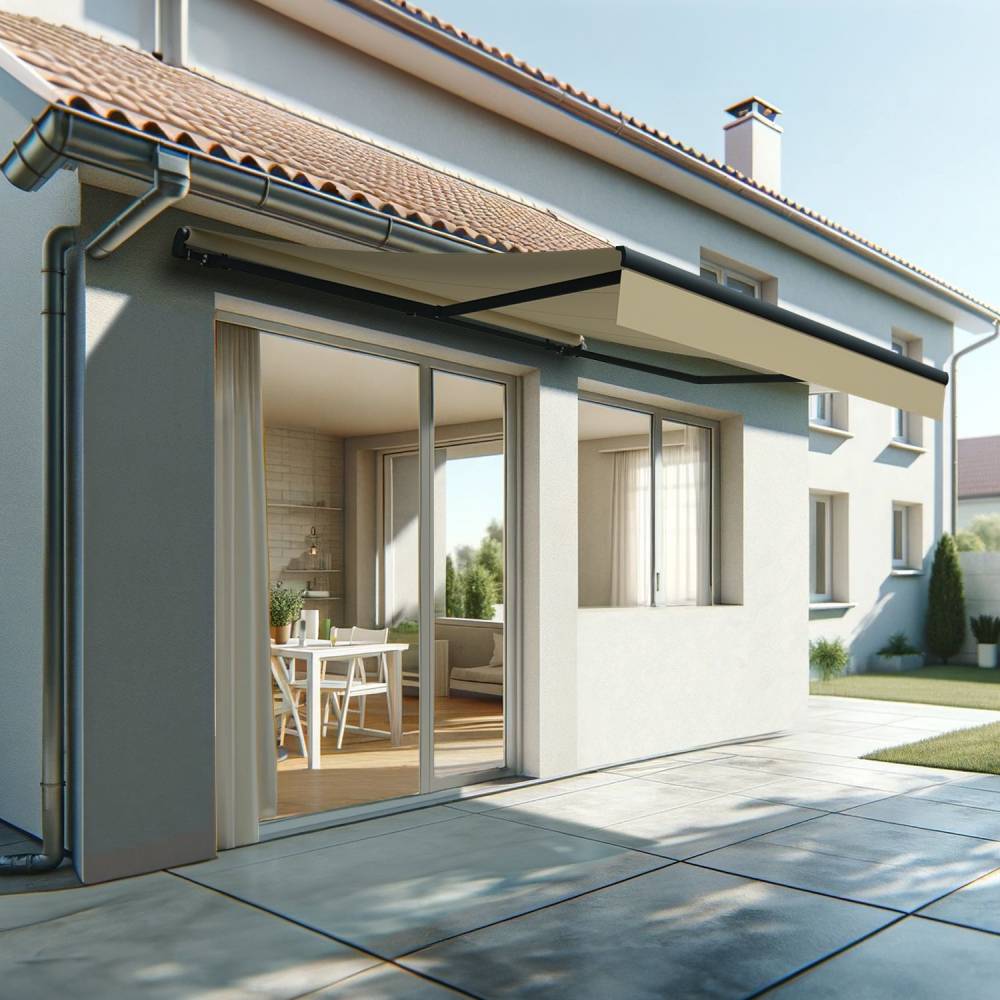 Store banne monobloc ESPAI 4,00x3,00m (Motorisé à télécommande + manœuvre de secours - Ecru - Gris anthracite) - Alia Productions - Imagen 1