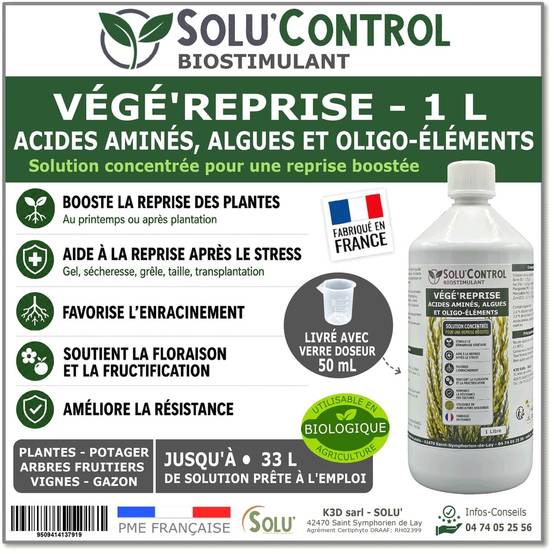 Tout pour les nuisibles - Végé'Reprise 1 litre - Biostimulant concentré aux acides aminés, algues et oligo-éléments Solu'Control - Fabriqué en France - UAB - Image 1