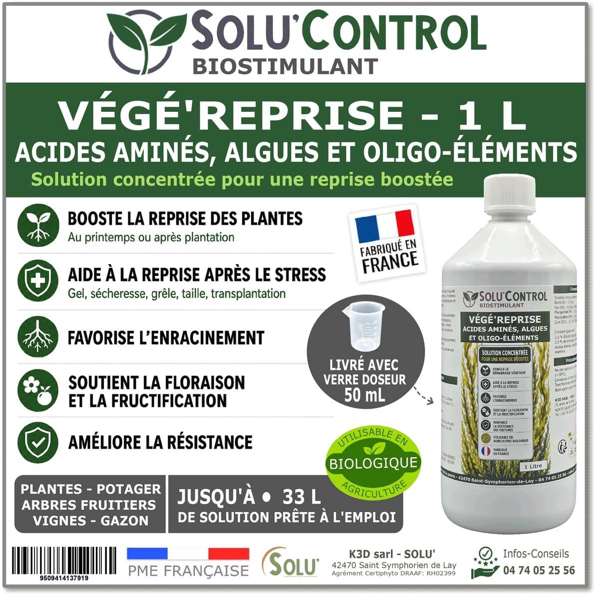 Tout pour les nuisibles - Végé'Reprise 1 litre - Biostimulant concentré aux acides aminés, algues et oligo-éléments Solu'Control - Fabriqué en France - UAB - Image 1