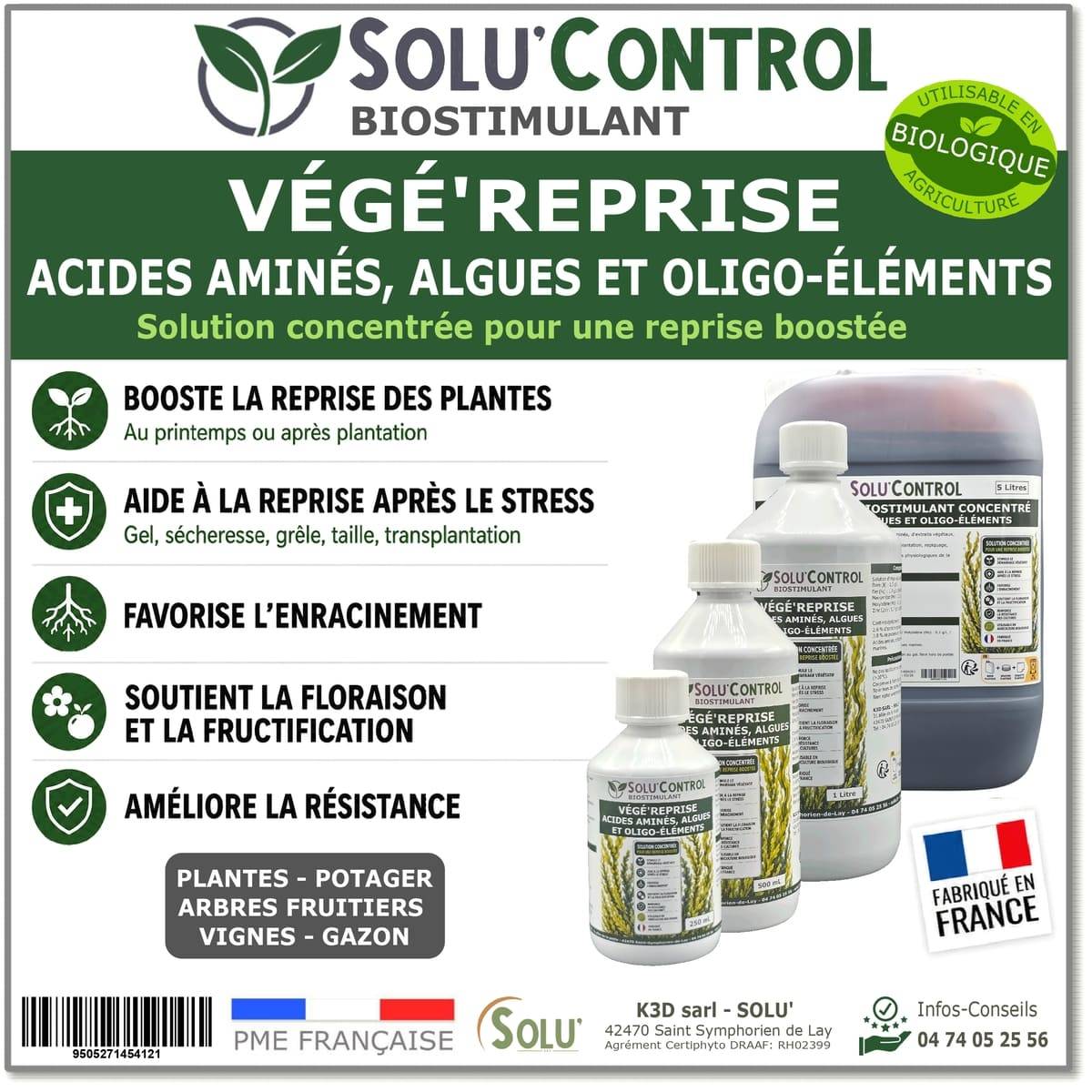 Tout pour les nuisibles - Végé'Reprise 1 litre - Biostimulant concentré aux acides aminés, algues et oligo-éléments Solu'Control - Fabriqué en France - UAB - Image 7