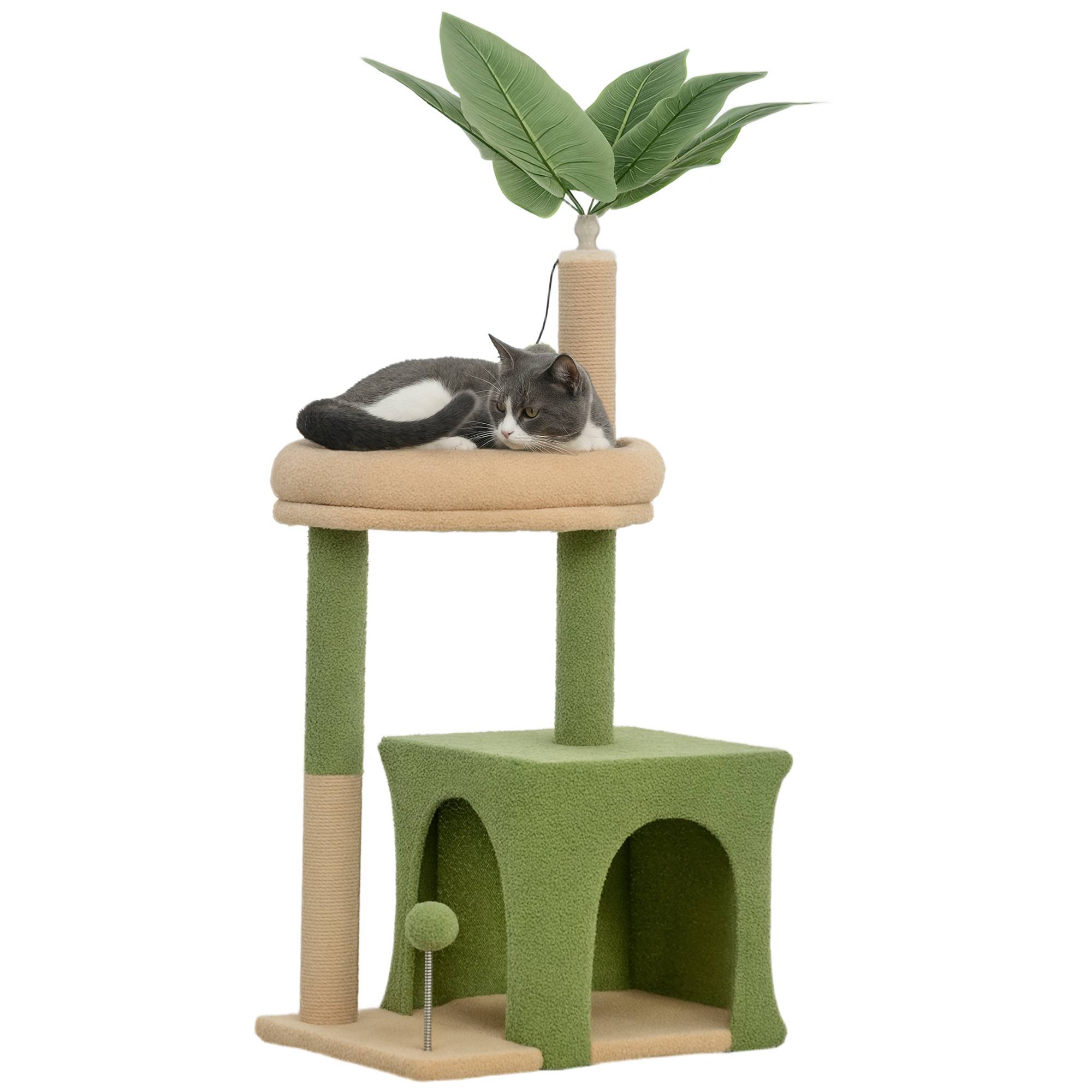 arbre à chat bois niche panier 2 balles mobilier chat intérieur 44x30x98 cm vert marron griffoir stable