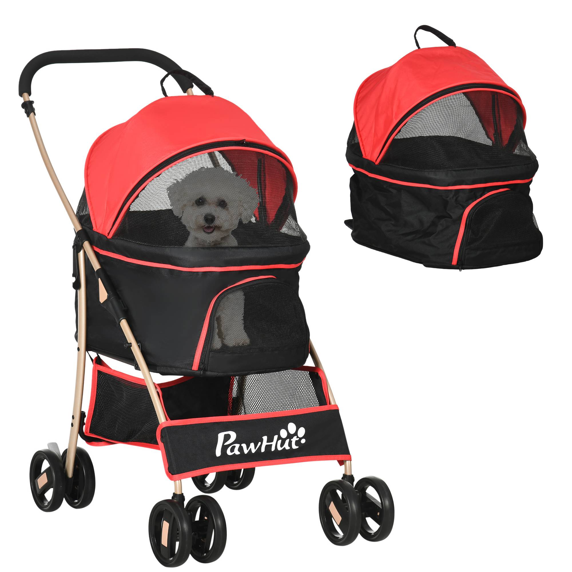 Poussette chien chariot 2-en-1 pliable 1 panier 1 sac 82 x 49,5 x 98 cm rouge - Image 1