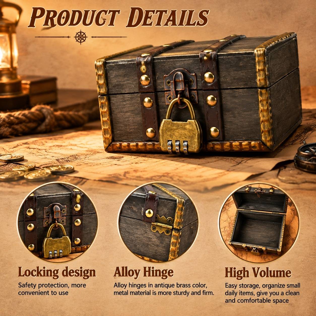 Coffre Trésor en Bois Antique Pirate avec Cadenas à Code - Image 3