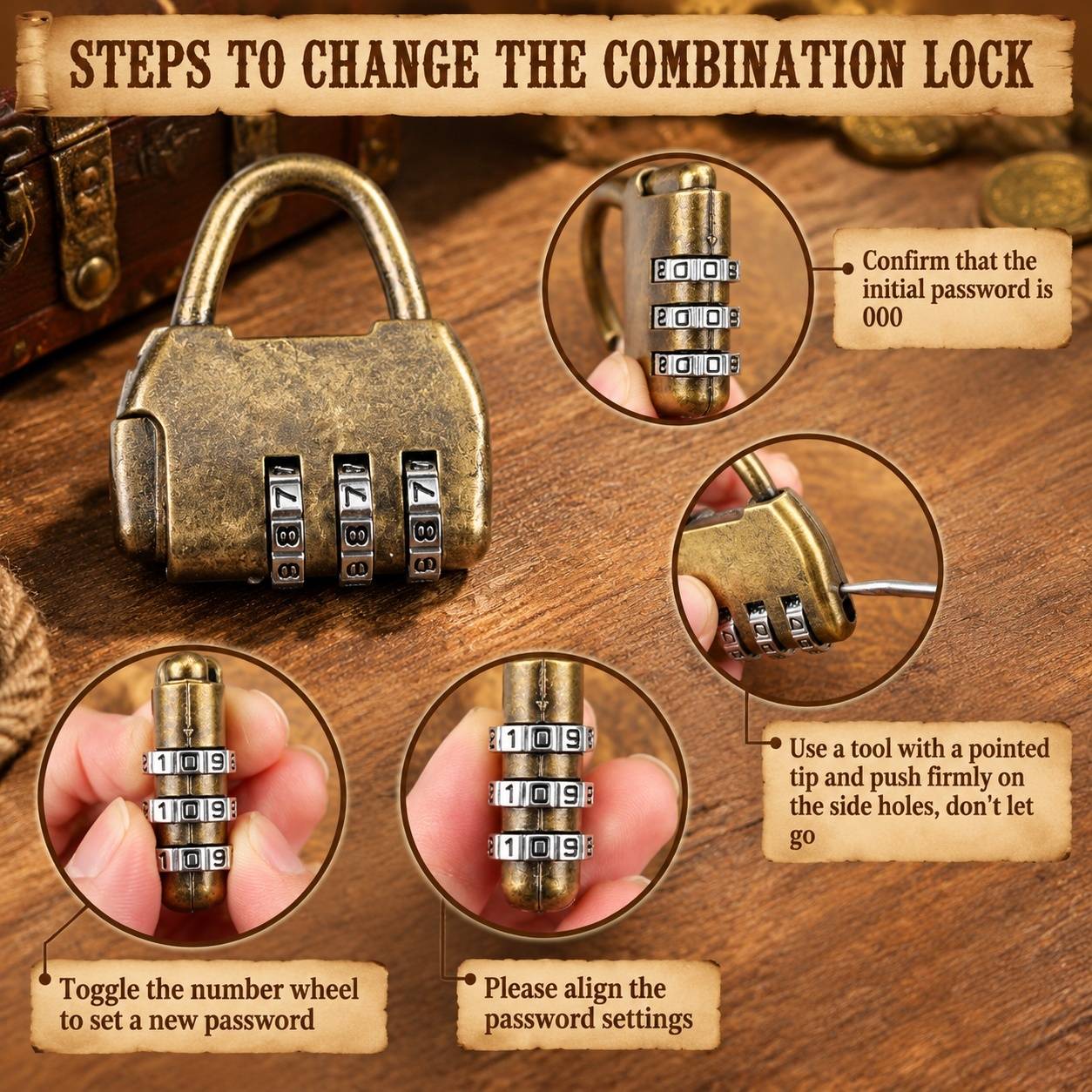 Coffre Trésor en Bois Antique Pirate avec Cadenas à Code - Image 4