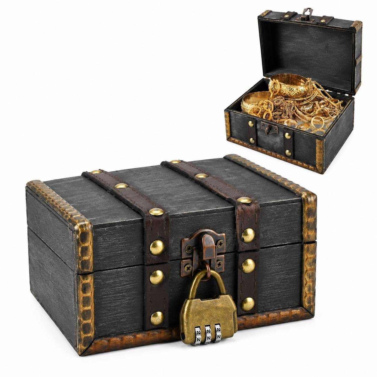 Coffre Trésor en Bois Antique Pirate avec Cadenas à Code - Image 1