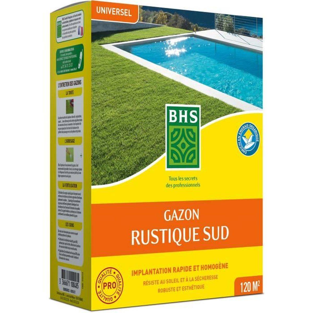 BHS - Semences de gazon rustique du Sud, engrais organique, 1 kg, 40 m² - BHS
